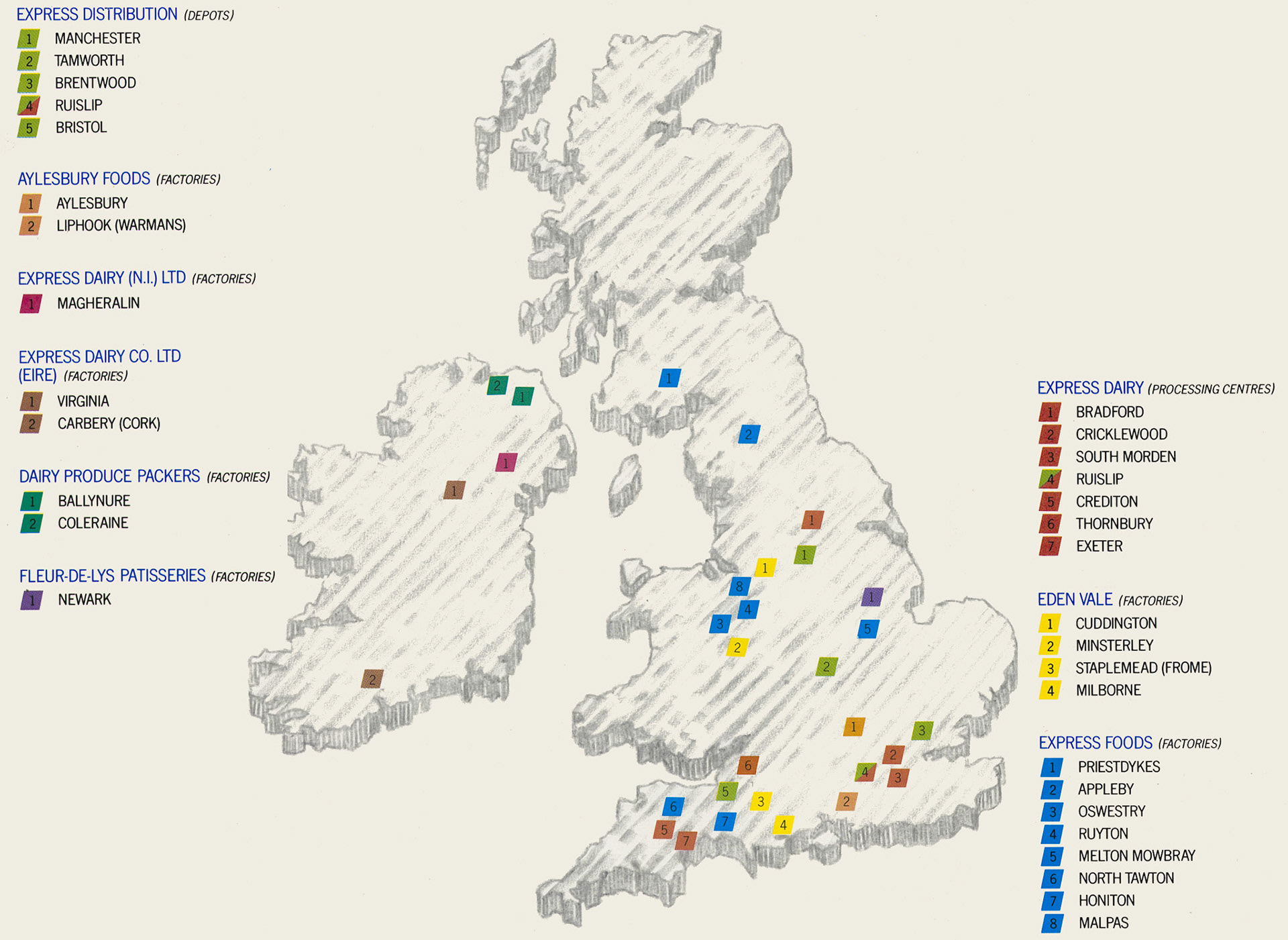 1987 map of Express Operations, generated from Graduate Recruitment Brochure 'A New Perspective' (Courtesy Soo Rose-Cook)
