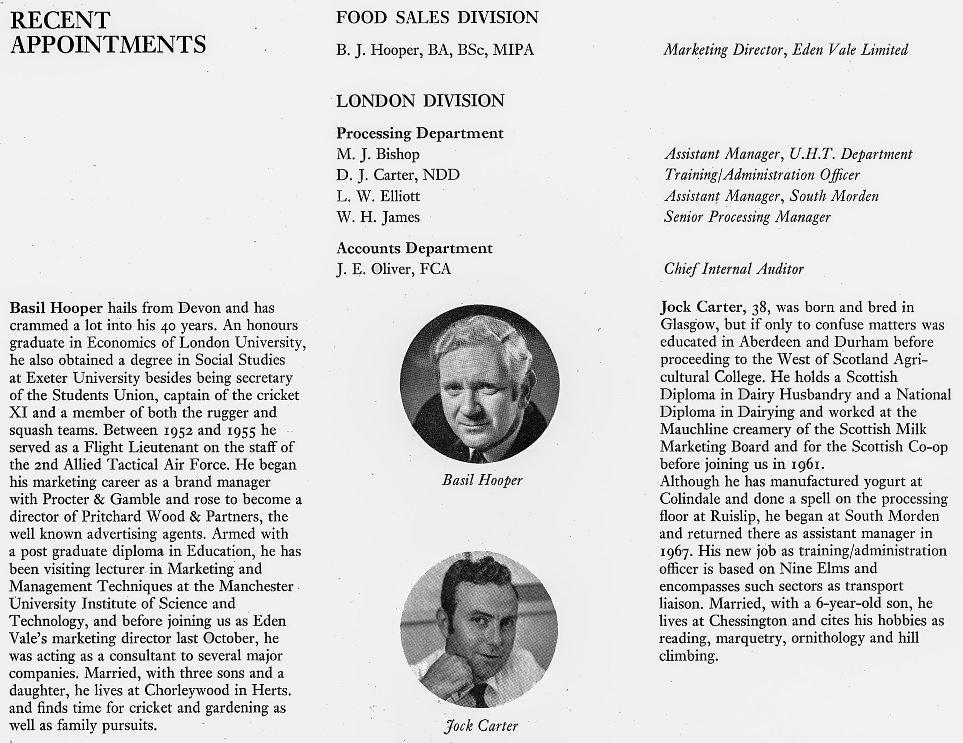 1970 Recent Appointments, featuring Basil Hooper (Eden Vale Marketing Director) and Jock Carter (Training Officer). (Express News Christmas)
