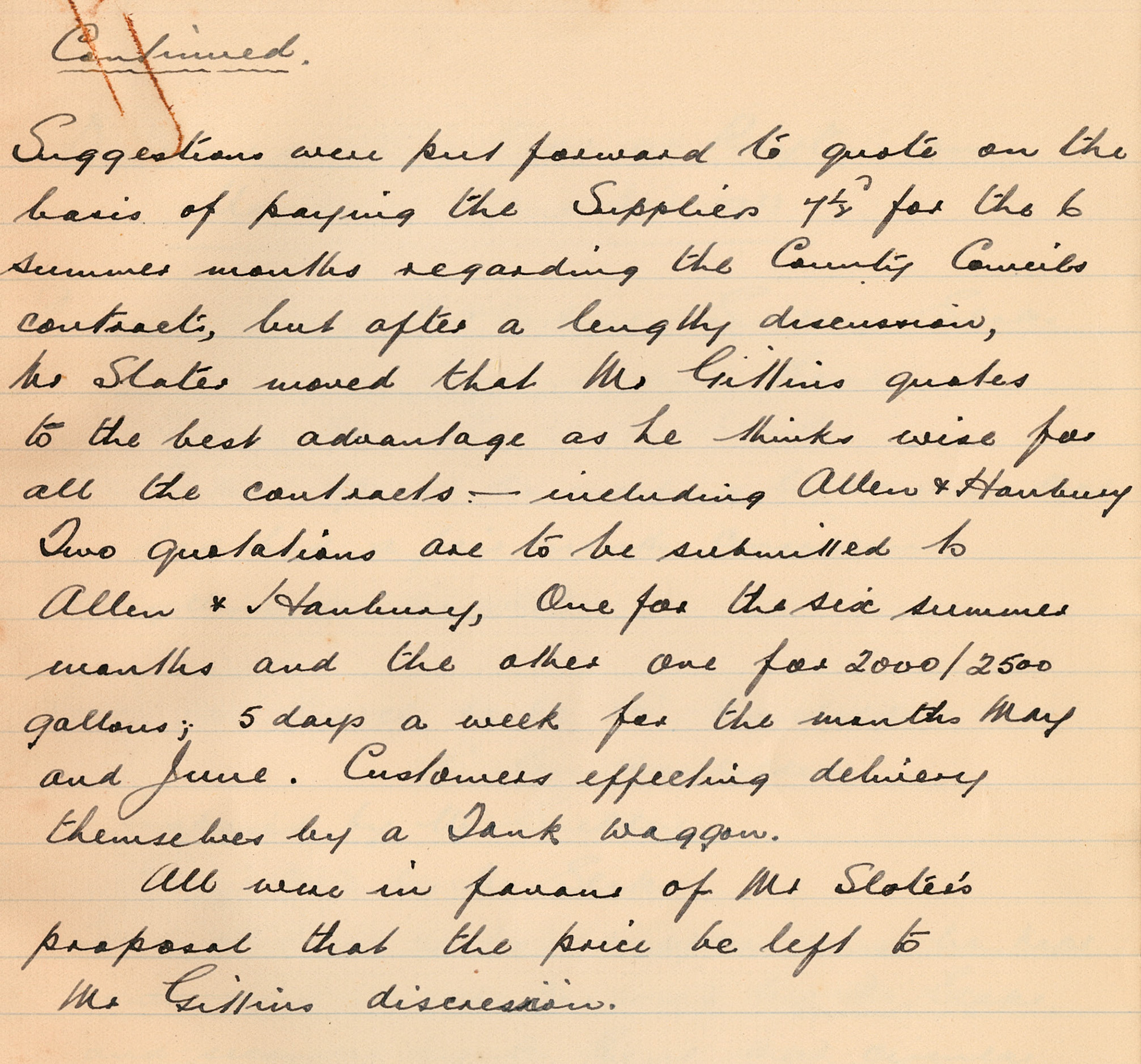 1932 Extract from Directors &amp; Suppliers Meetings. Contracts for supply to Allen &amp; Hanbury were discussed, with different summer and winter pricing.