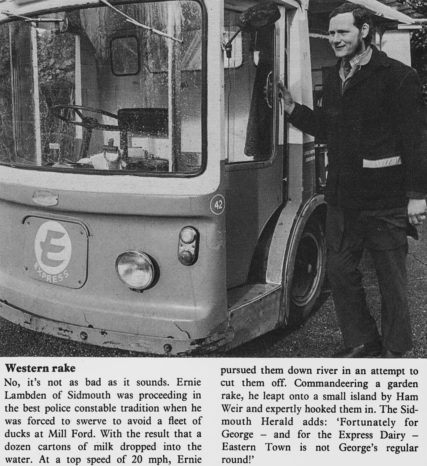 1977 Sidmouth milkman Ernie Lambden rescues milk cartons from the river. (Express News Summer)