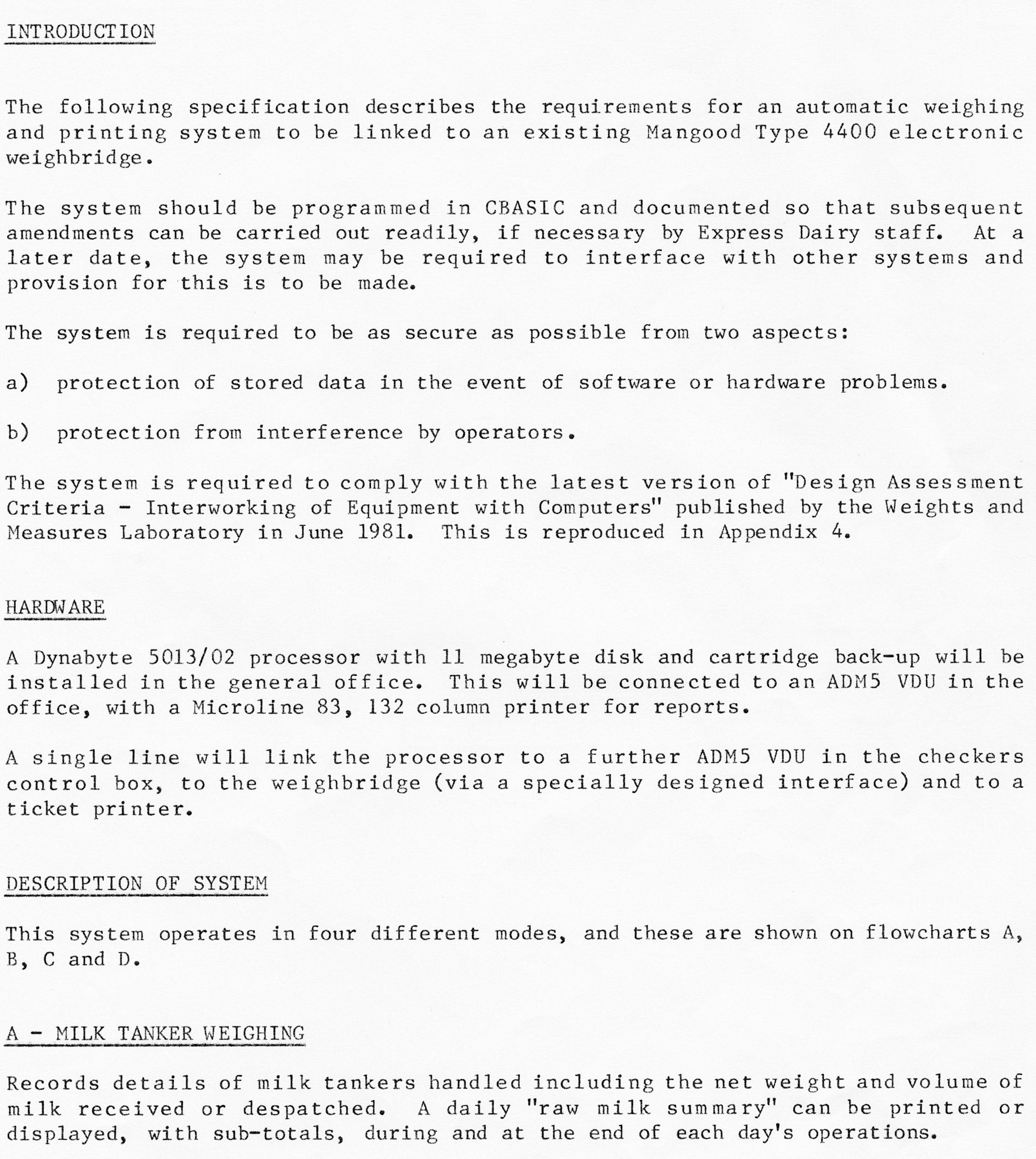 1982 South Morden Weighbridge Computer System Description
