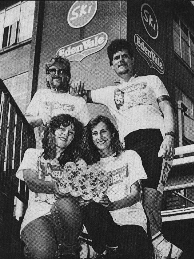 1989 Charity Bike Ride raises £7500, calling at Cuddington supported by Alison Dale (QA) and Guilette Finney (Lab Supervisor)