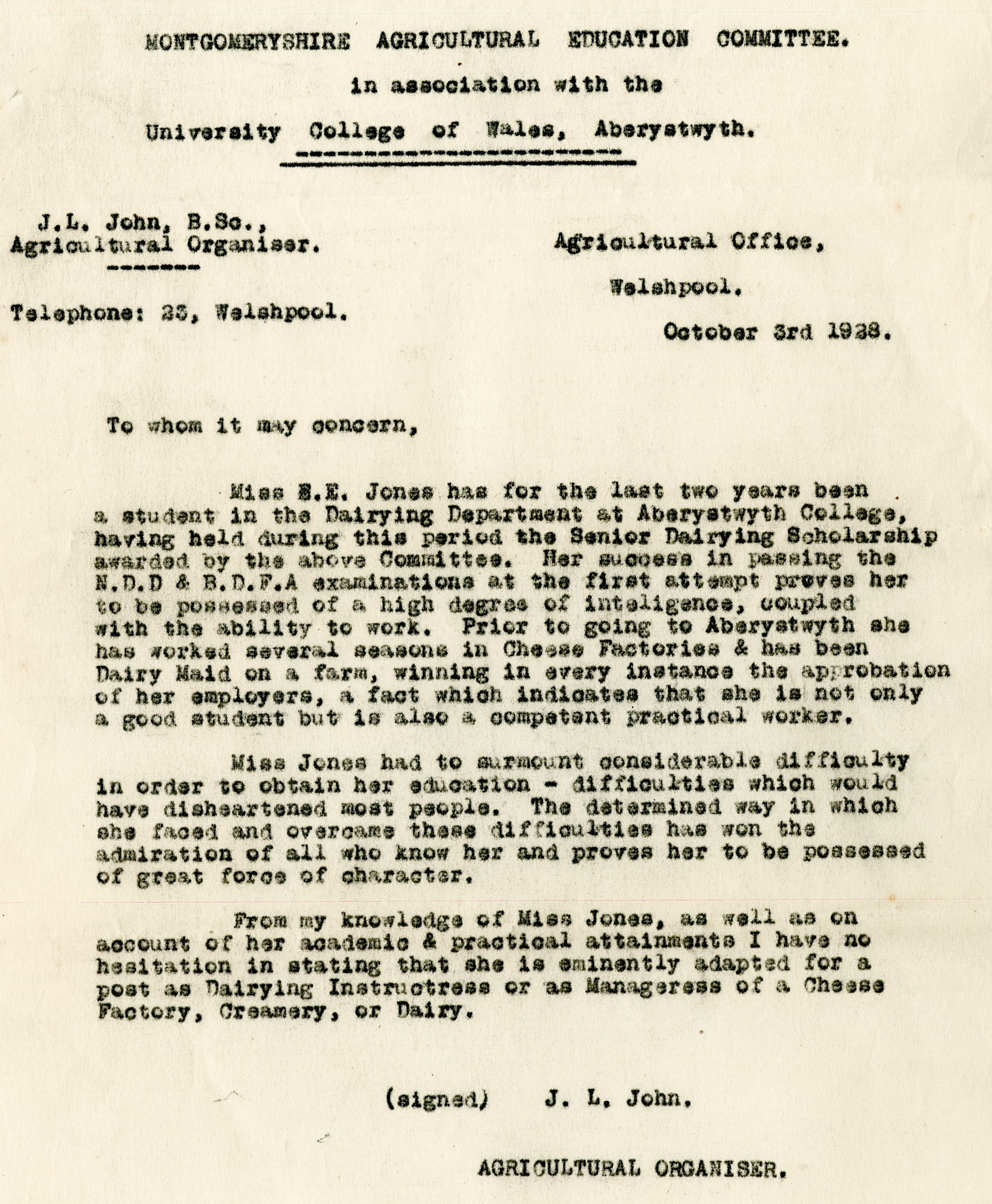 1930 Ruyton Co-operative Dairies-Cheesemaker Job Applications-Miss Emily Elizabeth Jones.