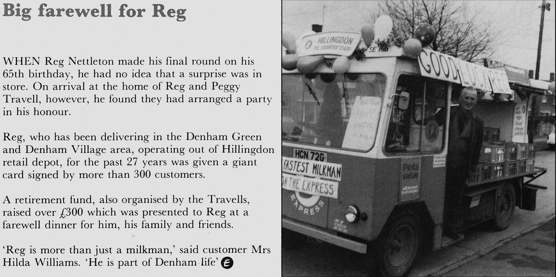 1981 Hillingdon milkman Reg Nettleton receives generous presentation from customers when retiring from his Denham round after 27 years.  (April Express News)