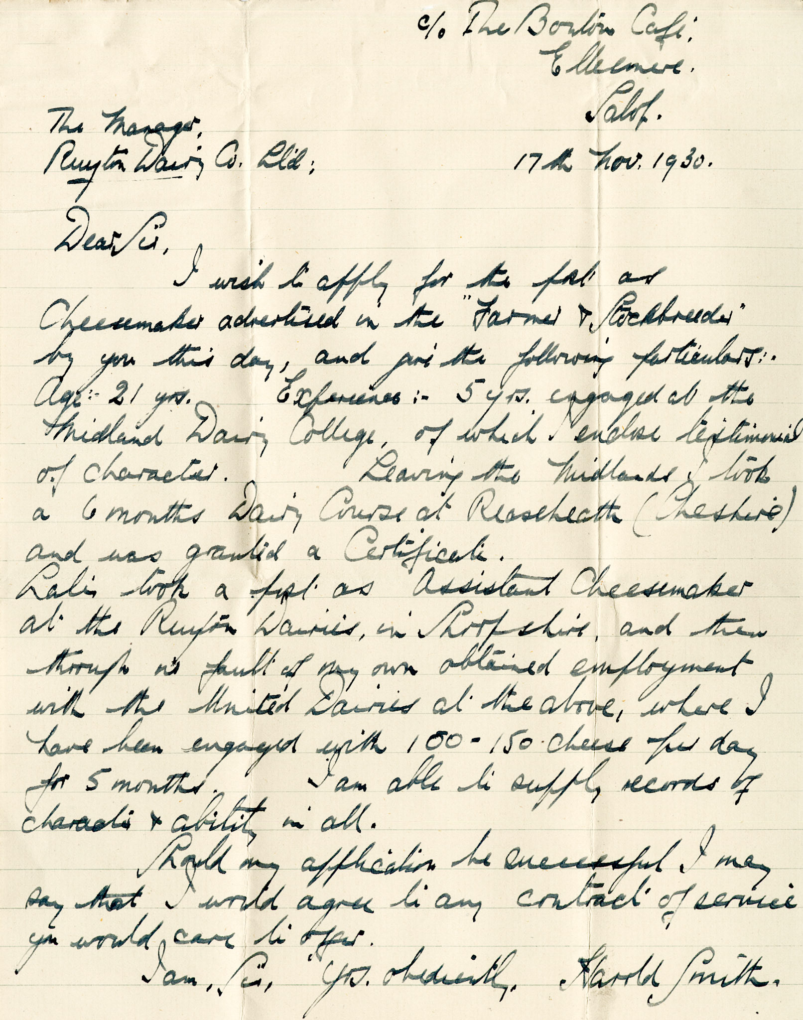 1930 Ruyton Co-operative Dairies-Cheesemaker Job Applications-Mr Harold Smith