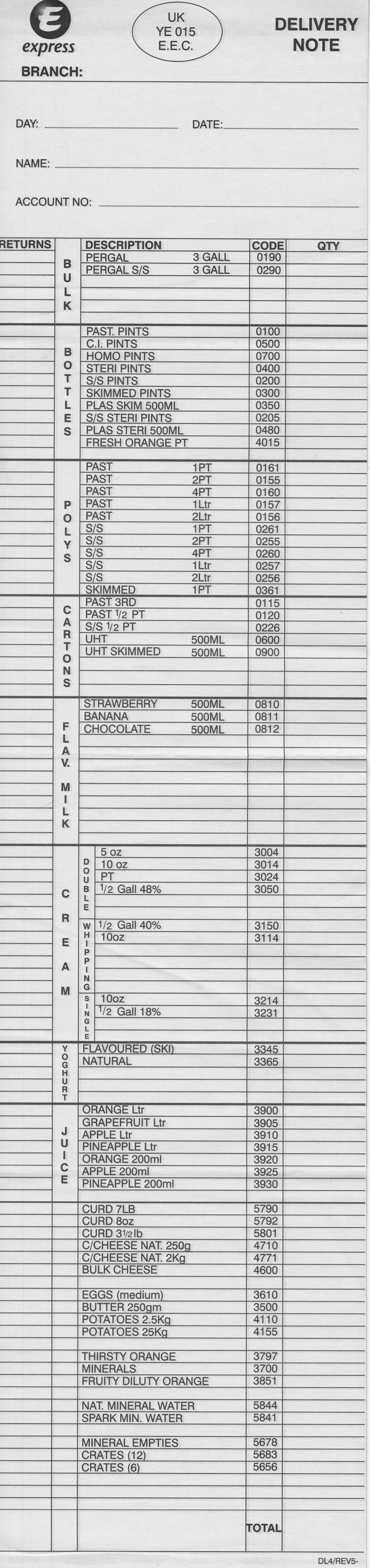 1980's? Delivery Note (Courtesy Dave Fane)