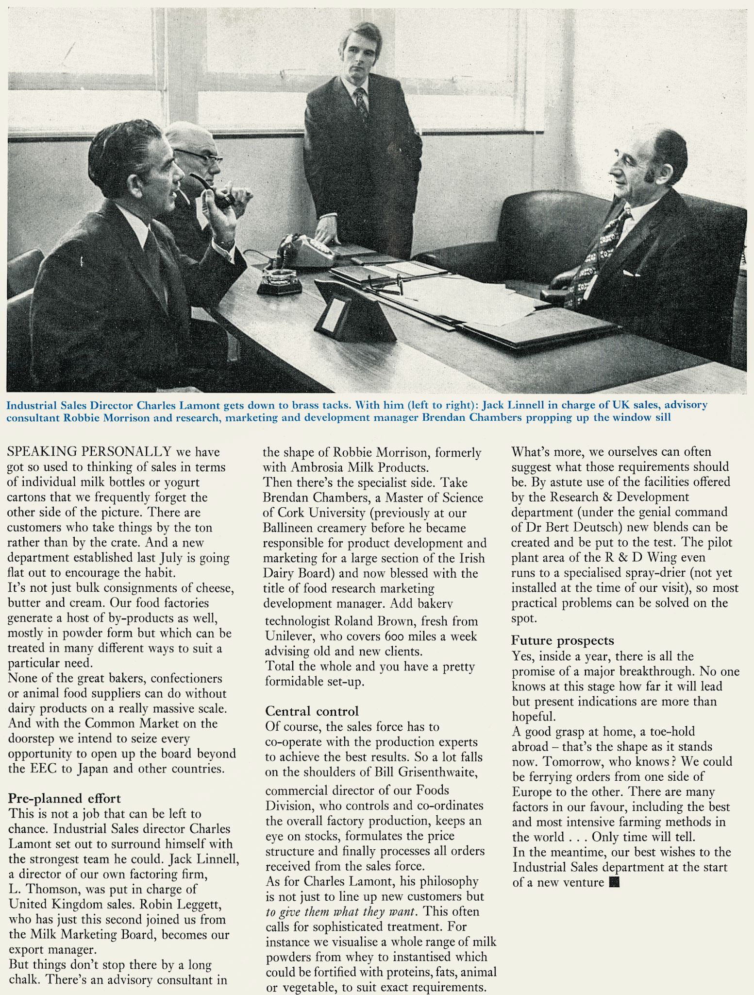 1973 Express Foods bulk products sales, with Industrial Sales Director Charles Lamont, Jack Linnell (UK Sales), Robbie Morrison (Consultant) and Brendan Chambers (Research, Marketing and Development).  (Express News Spring)