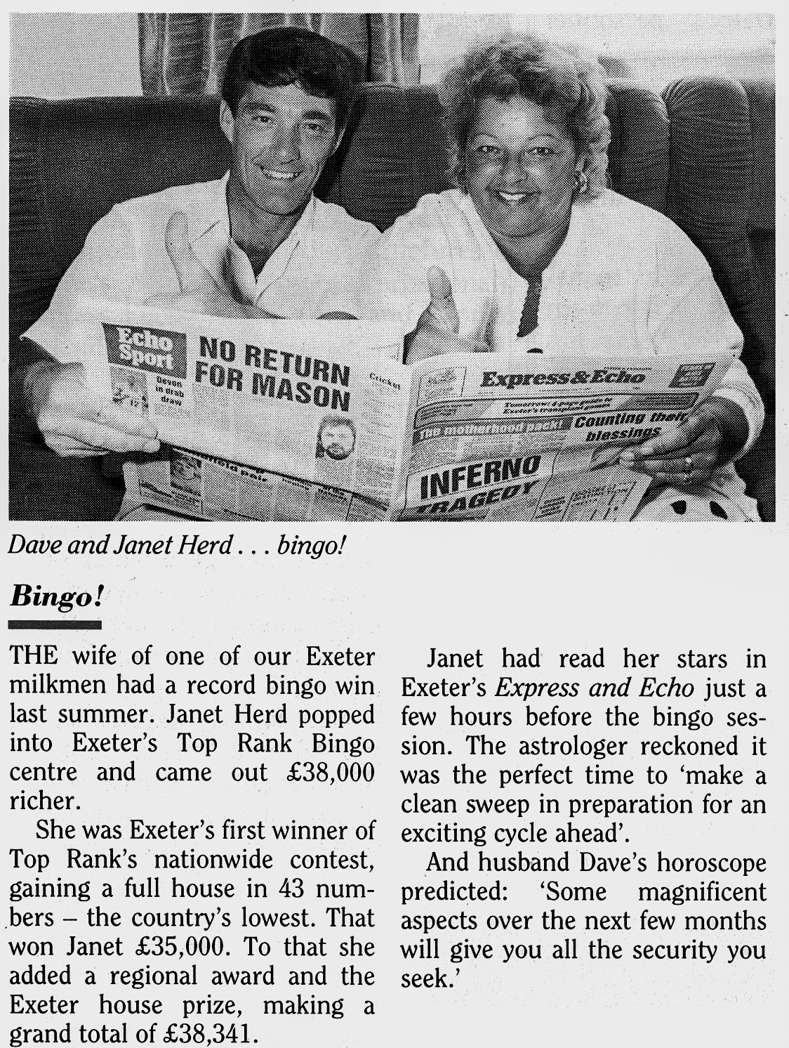 1988 Janet Herd, wife of Exeter milkman Dave Herd wins Bingo contest of £38,000. (January Express News)