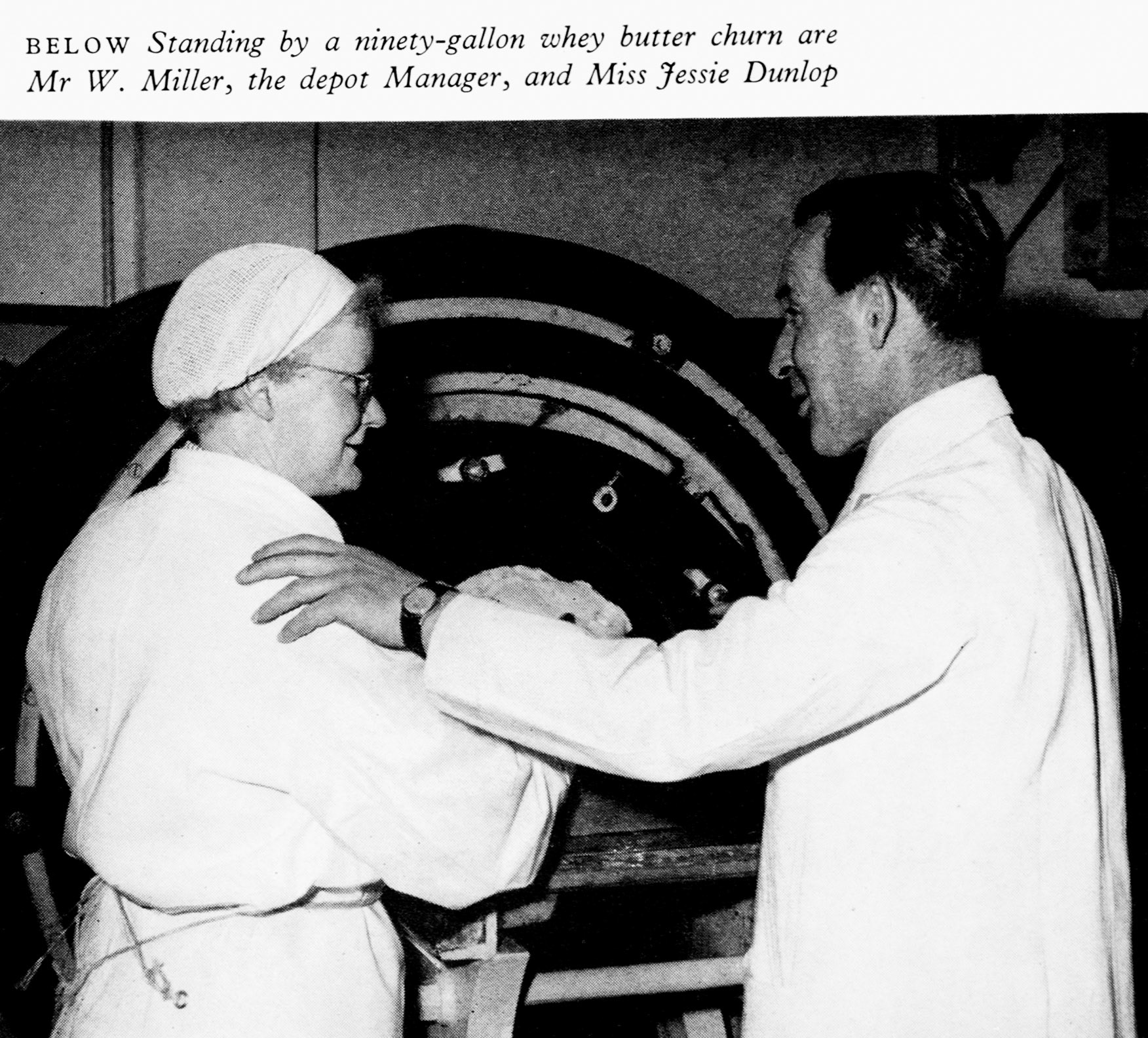 1961 Sanquhar whey butter churn with Mr Bill Miller (Manager) and Miss Jessie Dunlop. (Express News Autumn)