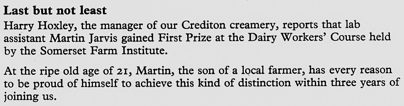 1975 Crediton Lab Assistant Martin Jarvis gains first prize at Somerset Farm Institute, reports Dairy Manager Harry Hoxley. (Express News Autumn)