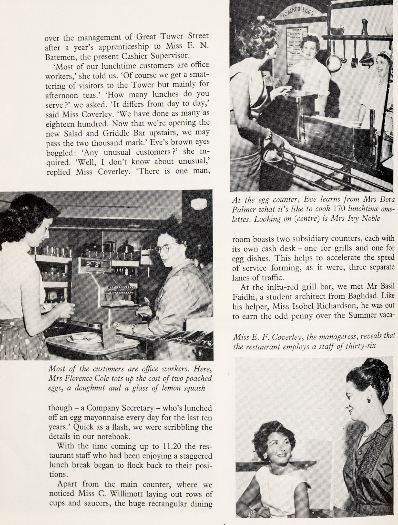 1957 Feature about Express's Great Tower Street restaurant, employing 36 staff, and supplied from Drayton Park. Great Tower Street is just West of the Tower of London. (Express News Autumn)