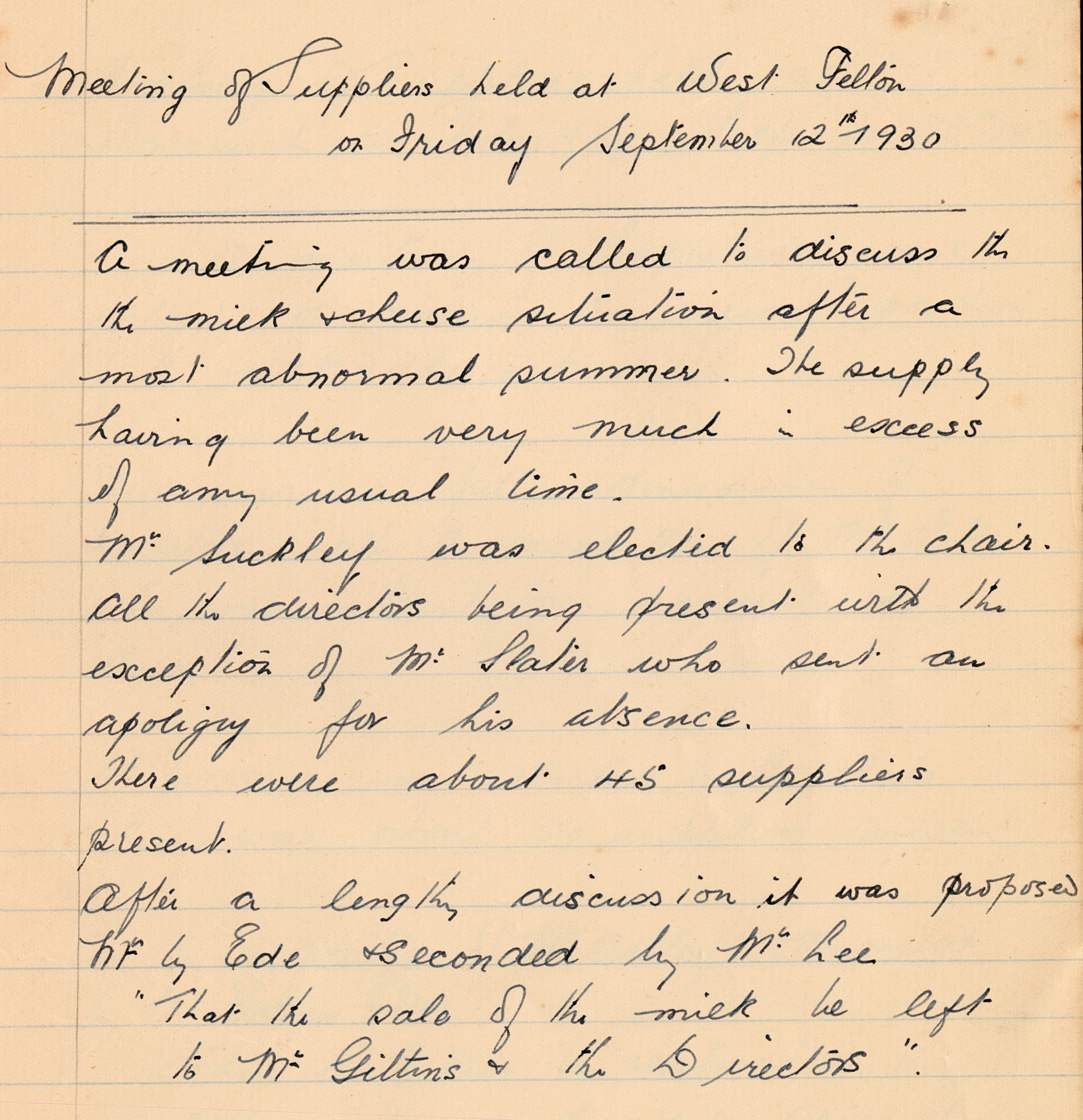 1930 Extract from Directors &amp; Suppliers Meetings, 12th September meeting discusses excess milk production and low prices during the summer period.