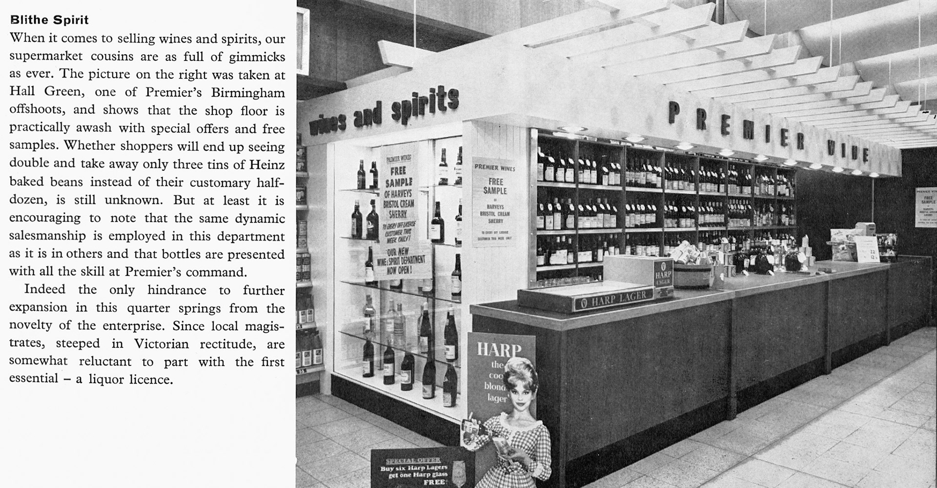 1963 Premier Supermarket in Hall Green, Birmingham now sells beer, wines and spirits. (Express News Autumn)
