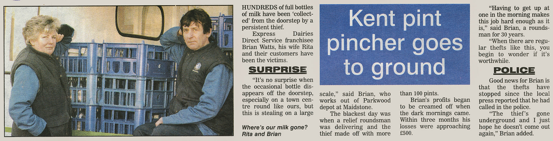 1999 Brian and Rita Watts looking for lost bottles... Paul Batchelor comments "... also had Ford Transits stolen from Parkwood depot a few years ago; they just walked in the Depot, got in them and drove straight out. Lesson learnt-lock up vehicle and take keys to office." (Courtesy Michael Aldread)