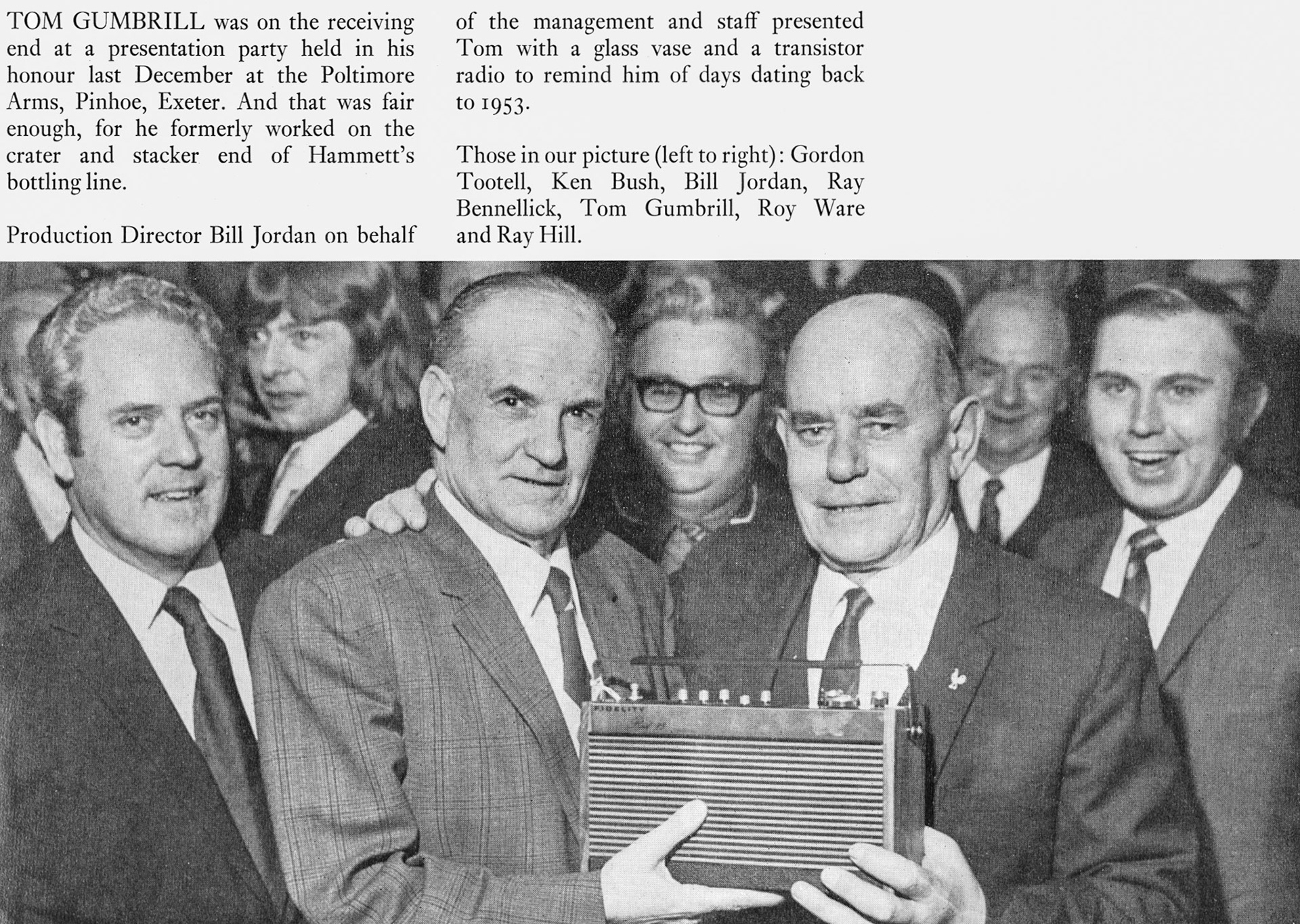 1973 Hammetts bottling line operator Tom Gumbrill retires from Exeter after 20 years. (Express News Spring)