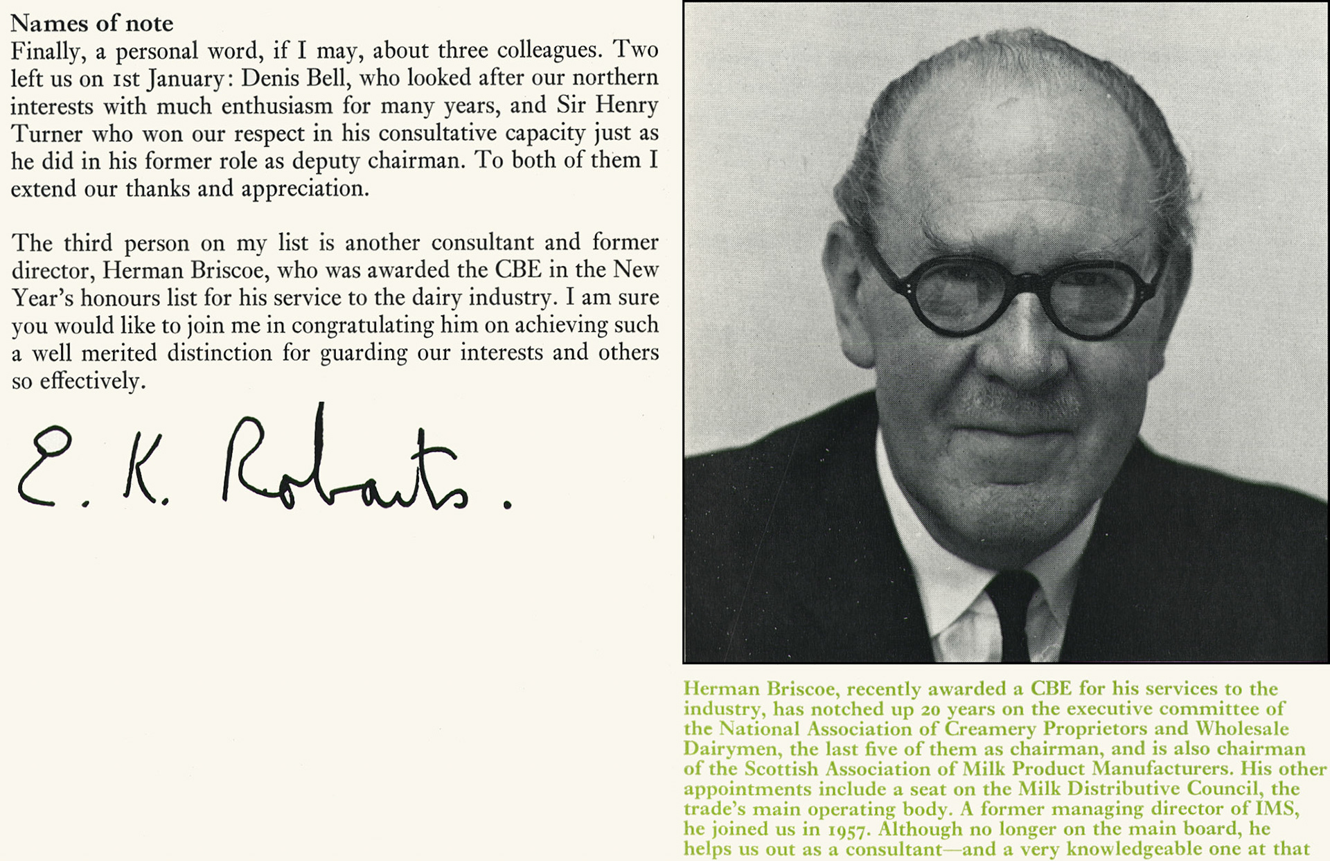 1971 Eric Robarts mentions the departure of Denis Bell, Sir Henry Turner and Herman Briscoe. (Express News Spring)
