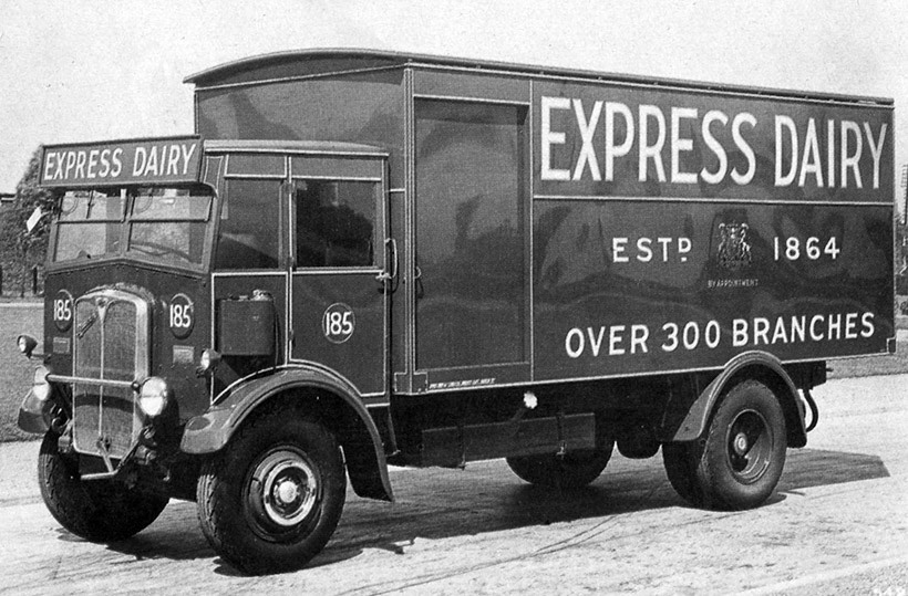 1934 AEC Monarch box van, fitted with a four-cylinder, 80hp petrol-type AE163, chassis no 637073, fleet no 185, was registered on 27/7/34, BGO 490, at a total cost – including the in-house body – of £890. With a ULW of under five tons, a five-ton load could be carried. The last ‘rota overhaul’ in December 1943 cost £208, enabling this ‘veteran’ to soldier-on until September 1946, when it passed to the legendary Birds of Stratford, for £50. (Courtesy The Express Dairy Motorised Fleet, Allan Bedford, Heritage Machines)