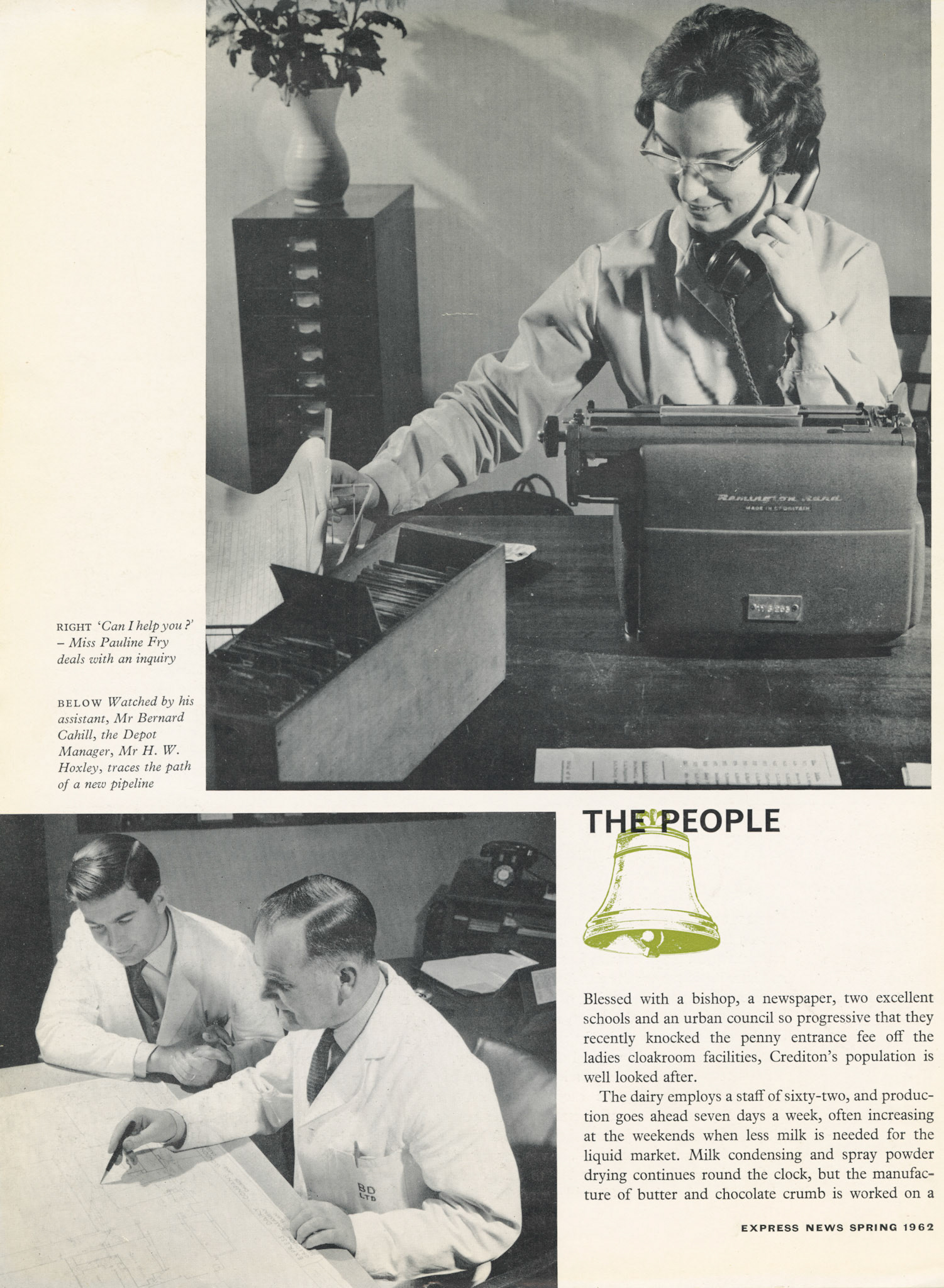 1962 Crediton Creamery reviewed in Express News (Pauline Fry, Bernard Cahill, HW Hoxley)