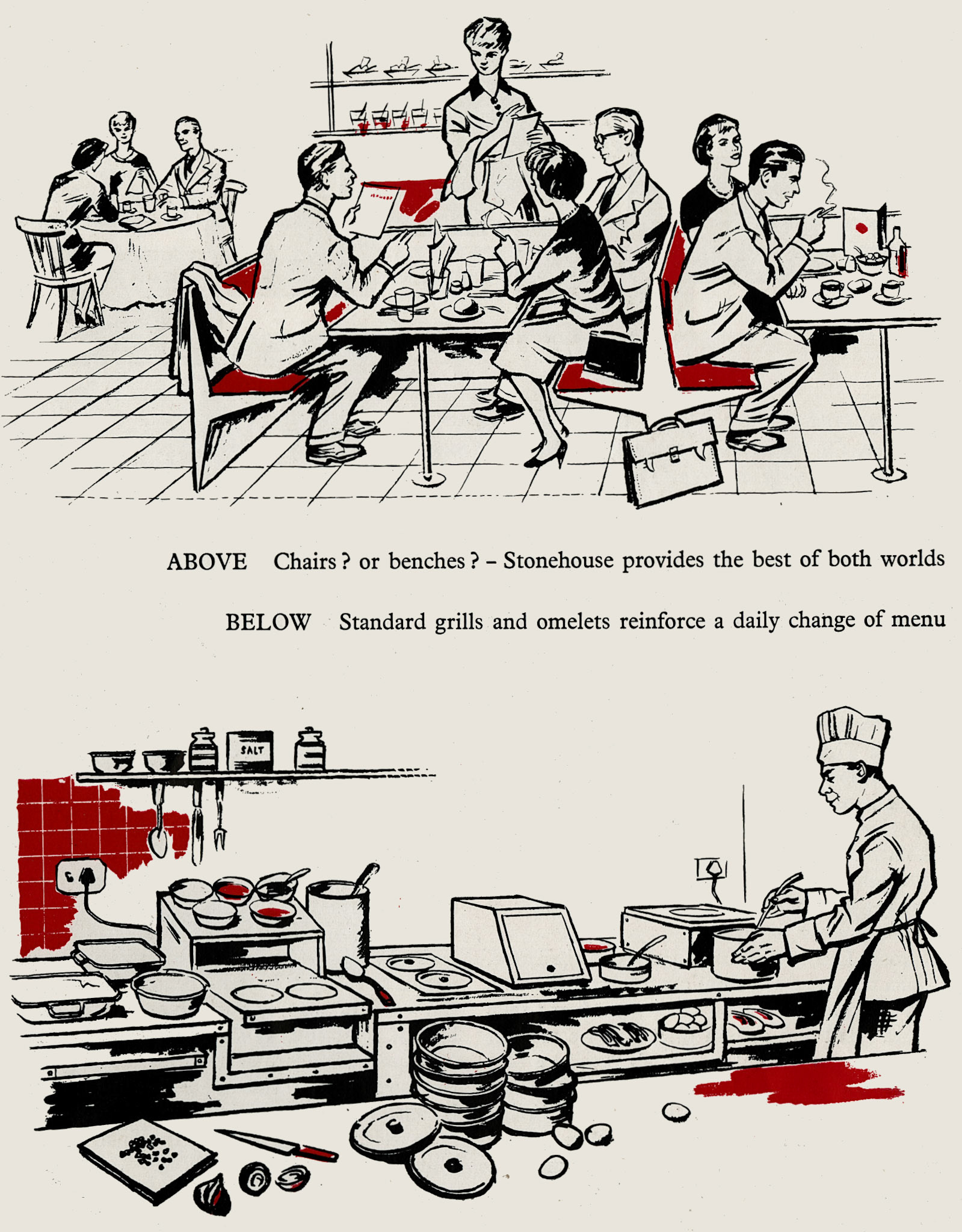 1959 'Tavistock' restaurants offer waitress service; profile of 'Stonehouse' near Liverpool Street station. (Express News March)