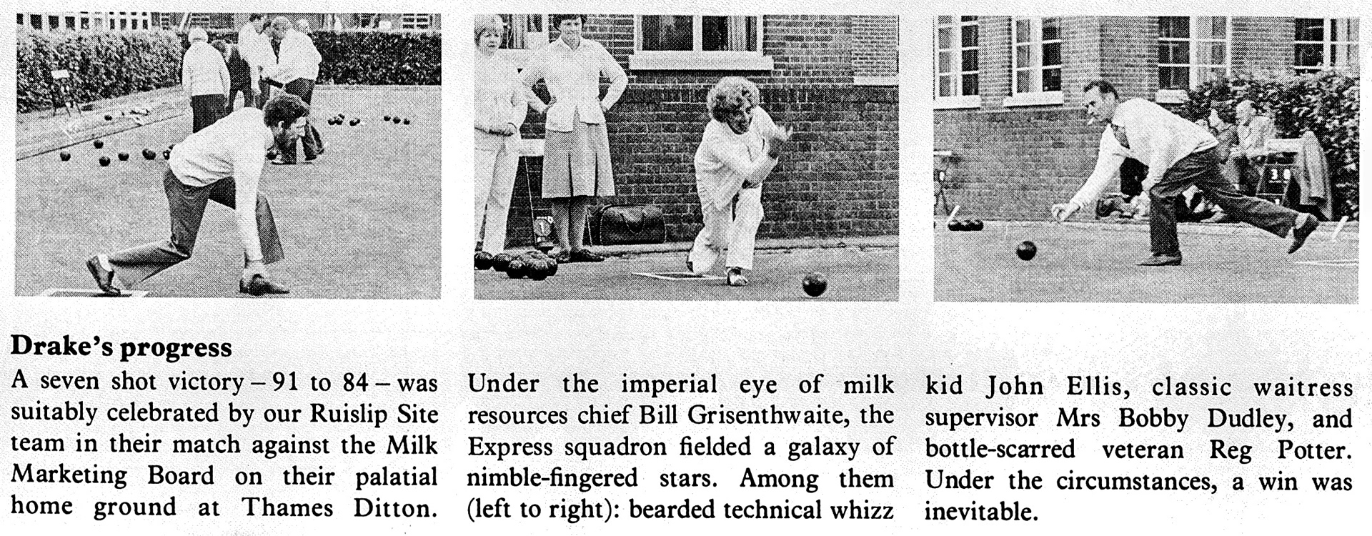 1978 Ruislip bowlers beat the MMB at Thames Ditton-starring Bill Grisenthwaite, John Ellis and Reg Potter. (Express News Autumn)