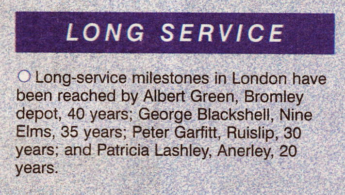 2000. More long serving employees are recognised - Albert Green (Bromley Depot), George Blackshell (Nine Elms), Peter Garfitt (Ruislip) and Patricia Lashley (Anerley) (Courtesy Michael Aldread)