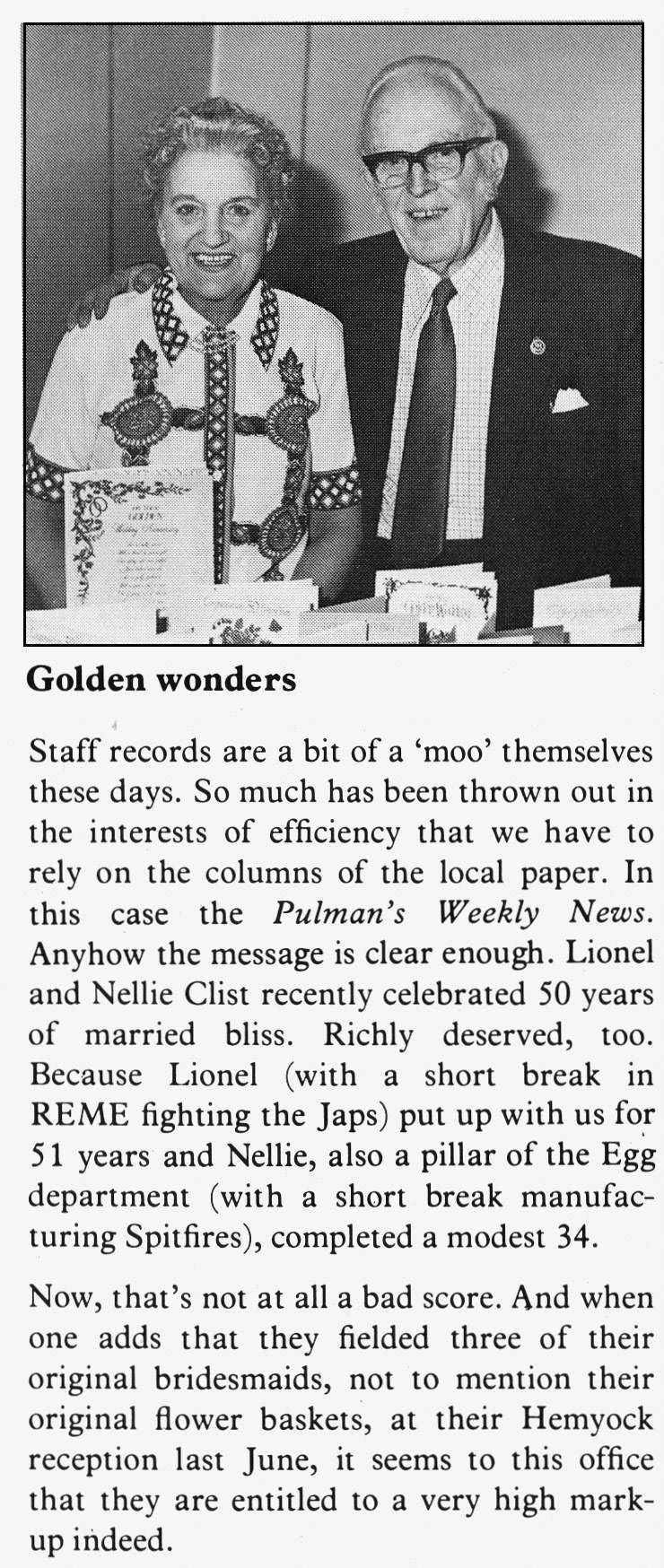 1977 Hemyock couple Lionel and Nellie Clist worked for Express at Axminster and Hemyock for 51 and 34 years. (Express News Autumn)