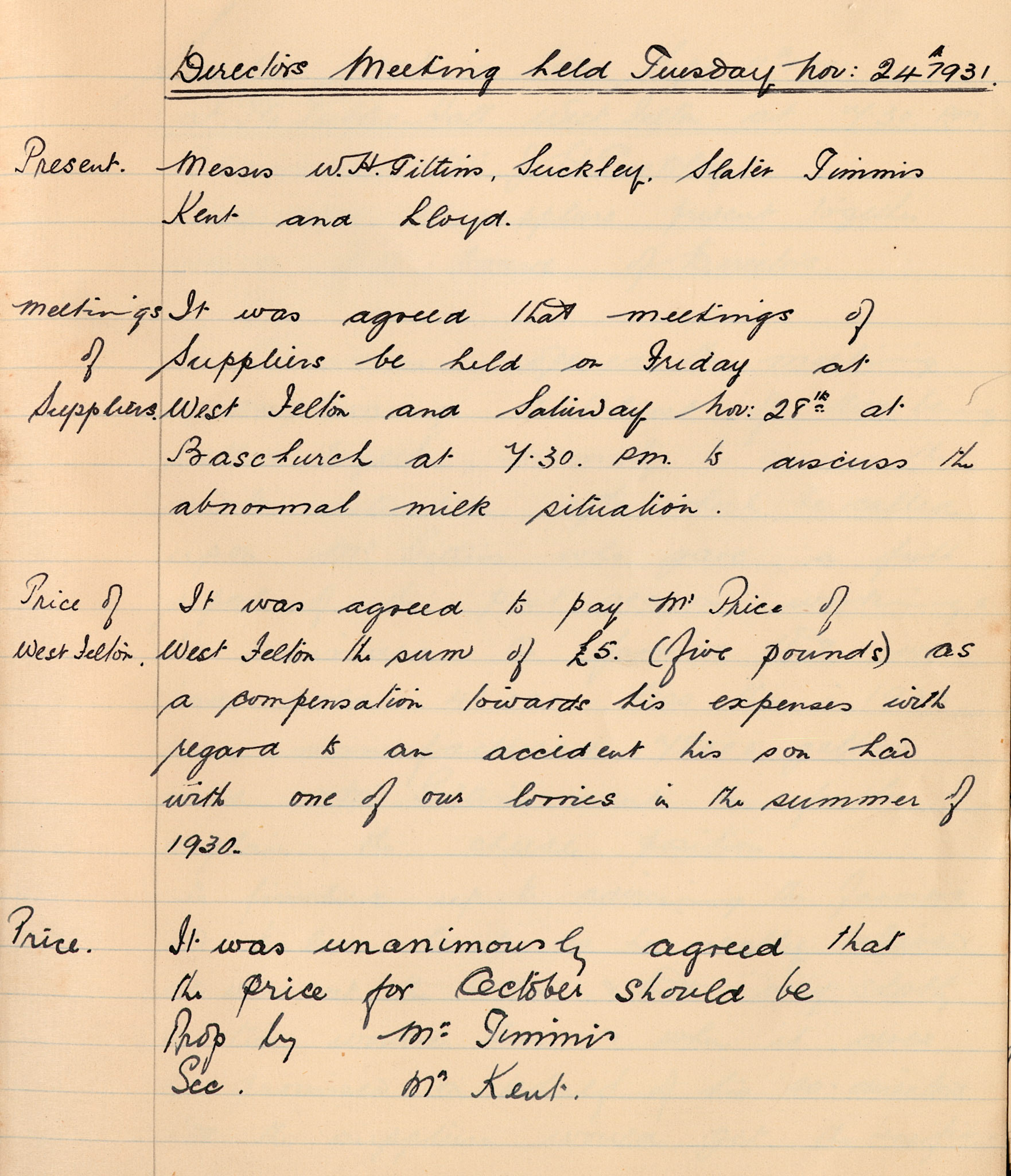 1931 Extract from Directors &amp; Suppliers Meetings, 24th November. Discusses £5 compensation being paid to someone involved in an accident with one of the Company’s lorries.