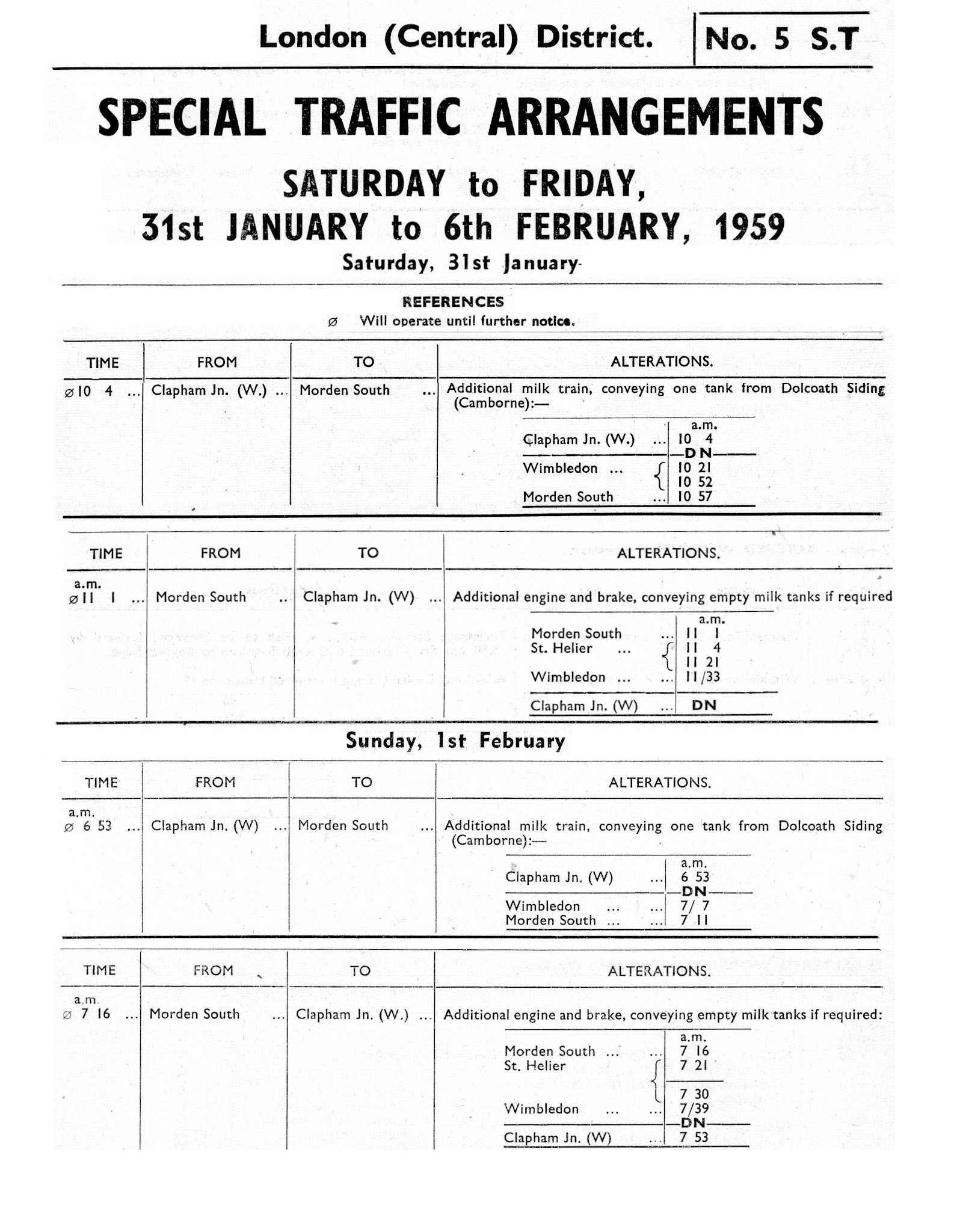 1959 Milk delivery schedule by rail