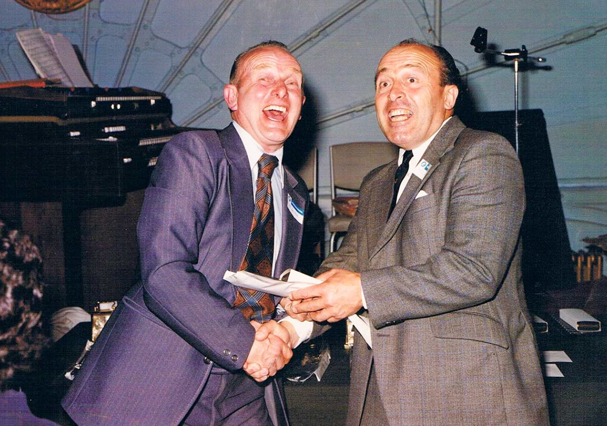 1985 Exeter 'The Rougemont Hotel' Jimmy Reid comments "Don Kirby presenting my Dad with his long service award circa 1985. Note my Dad's false smile!!!!!!!"