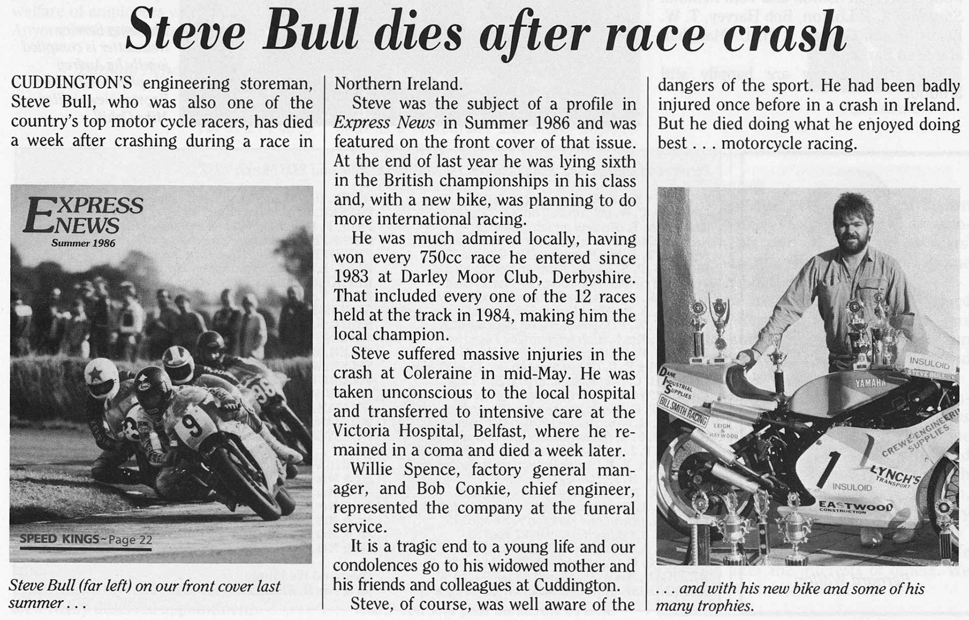 1987 Announcement of the death of Steve Bull from Cuddington after motor cycle racing crash in Northern Ireland