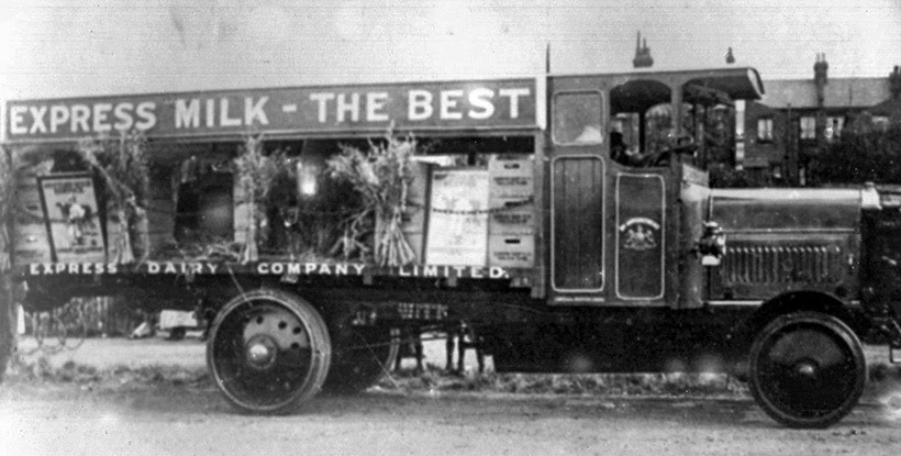 1920's A well-built chain-sided float body fitted with a substantial cab feature on this three-ton ‘RAF’ Leyland, dating from around the time that Walter Nell was appointed engineer and transport manager. The vehicle appears to have been decorated for a parade. (Courtesy The Express Dairy Motorised Fleet, Allan Bedford, Heritage Machines)