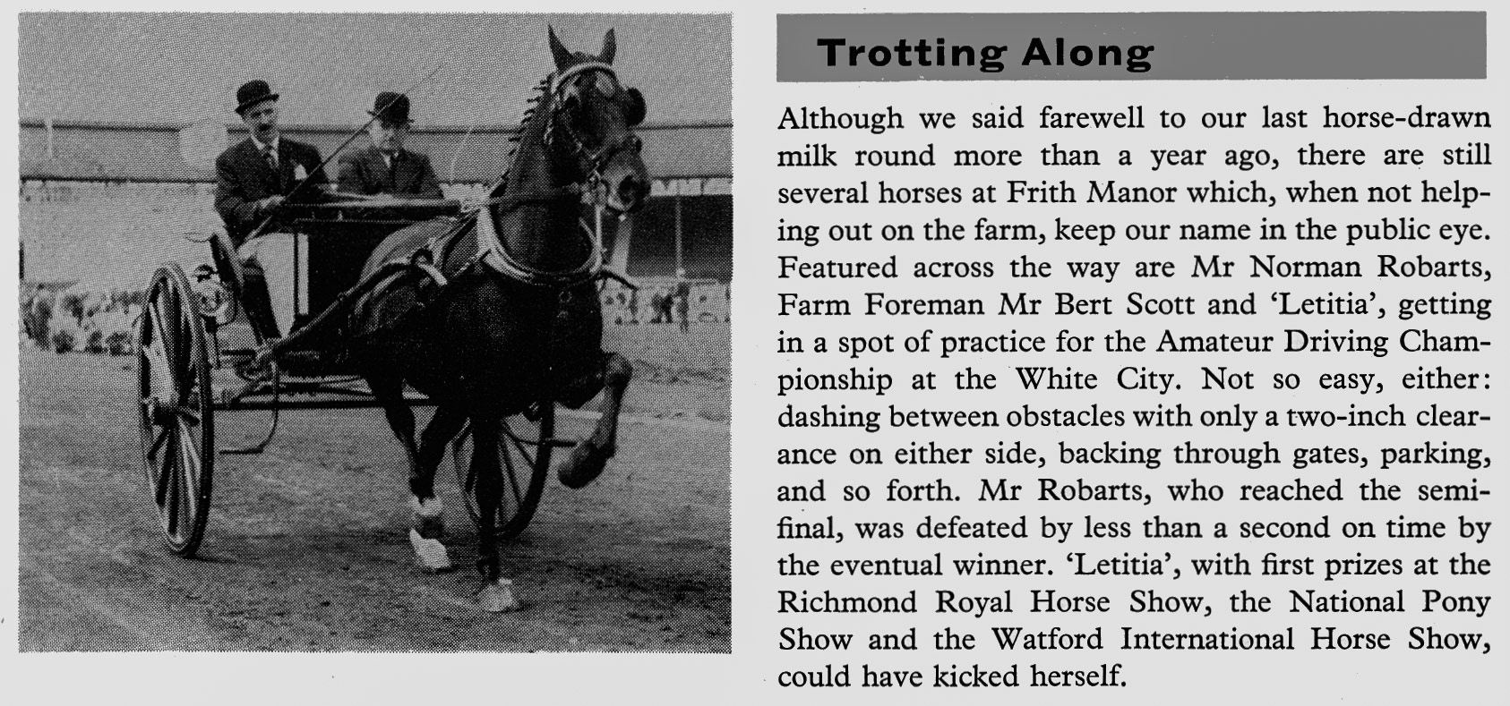 1960 Norman Robarts with Bert Scott driving 'Letitia', stabled at Frith Manor Farm, at the White City. (Express News Autumn)