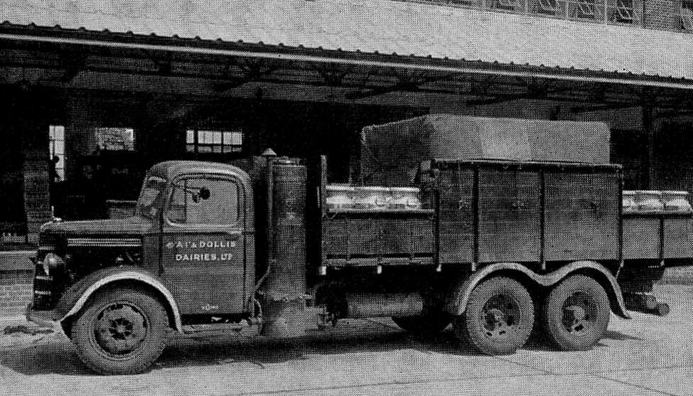 1950's Coke-burning truck from the war years at A1 Dairies, Whetstone. "Coke replaced petrol during the war years. Vehicles like this drew churns of milk from as far afield as Derbyshire and often got clinkered-up in the process." Paul Smith comments "Express demolished the old A1 Dairy and built their distribution depot on the site, rest of the site was sold to Michael Gerson Overseas Removal". (Courtesy Don Reid)