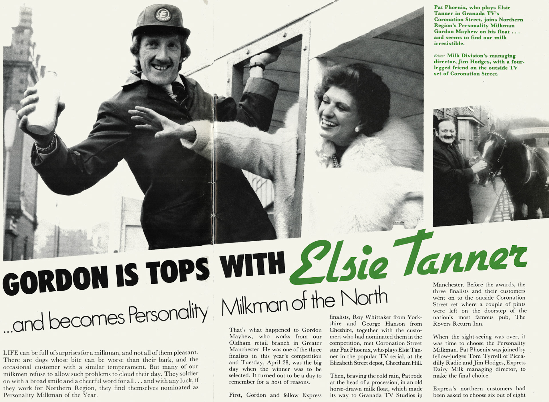 1981 Gordon Mayhew, Oldham Retail, is Northern Region's 'Personality Milkman of the Year', with Pat Phoenix 'Elsie Tanner'. (Express News July)