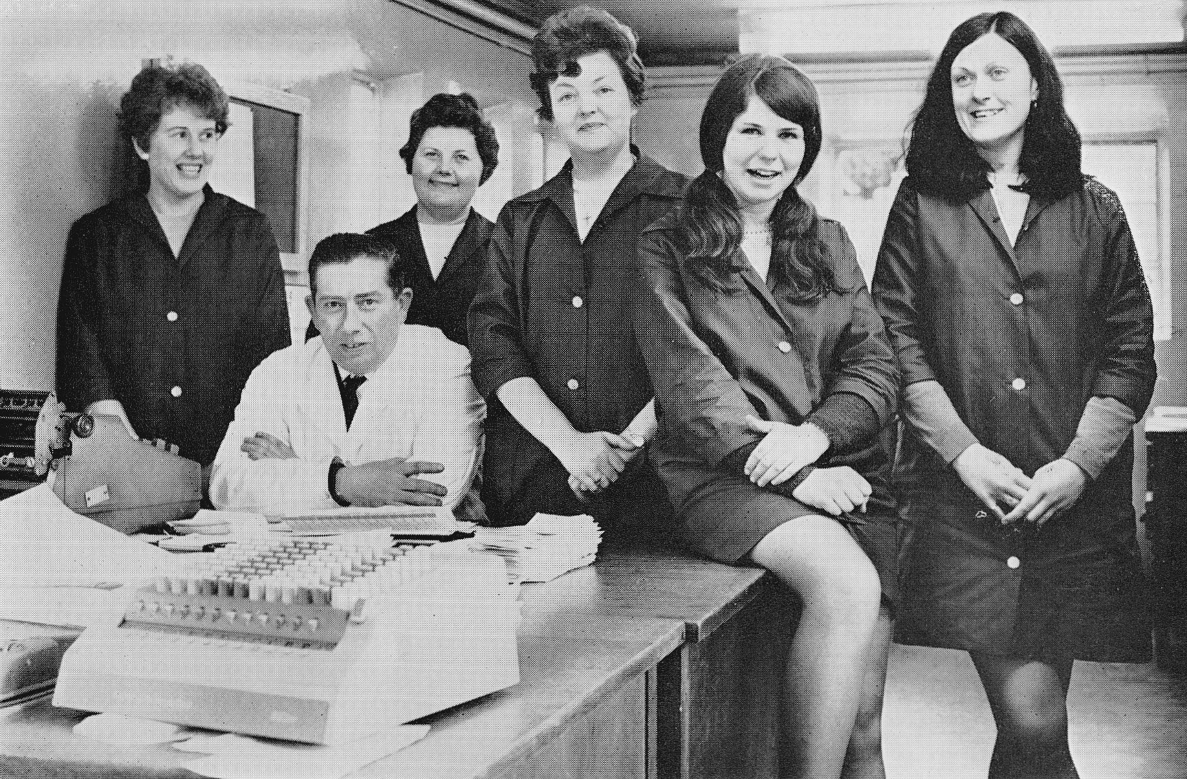 1970 Whittington-Mrs Joy Berwick, Len Smith, Mrs Dorothy Jones, Chief Clerk Joan Halewood, Susan Kendrick and Jennifer Swannick. (Courtesy Doreen Williams)
