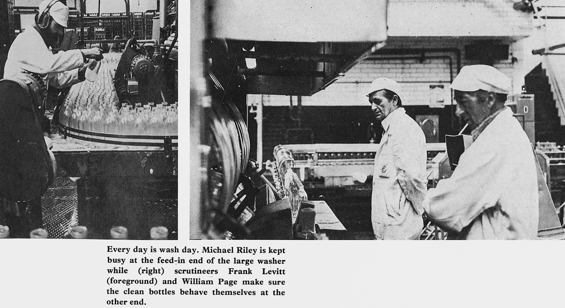 1979 Bromley Processing-Michael Riley at the bottle washer infeed conveyor, and scrutineers William Page (L) and Frank Levitt (R) (Express News Summer)