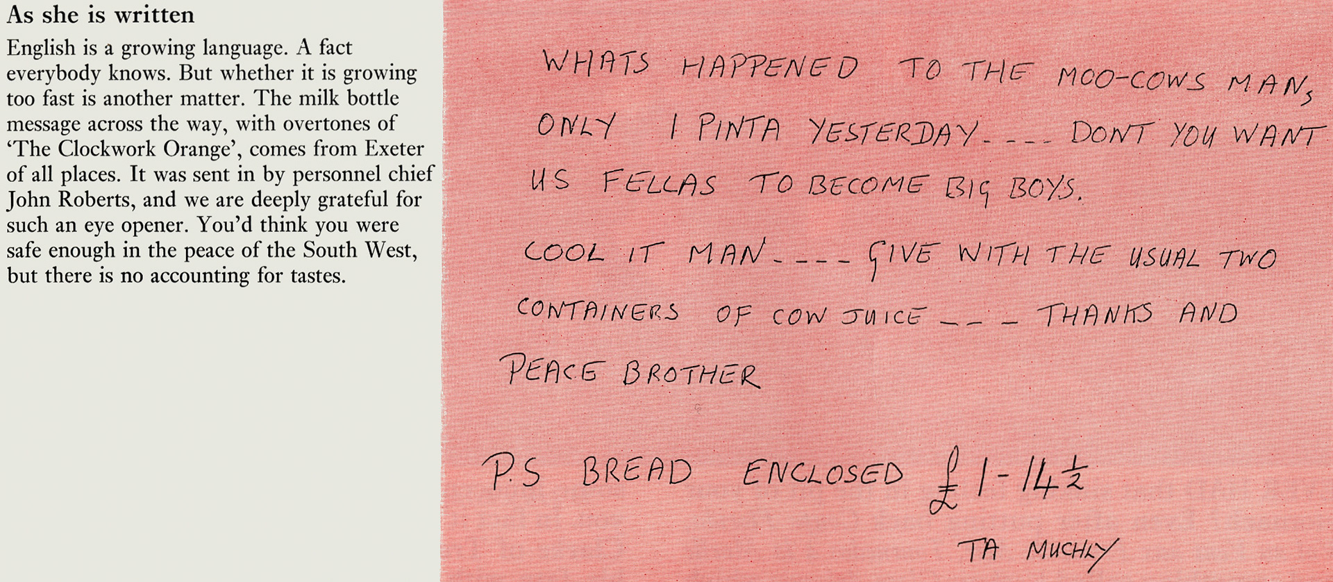 1972 John Roberts at Exeter sent in this amusing note. (Express News Summer)