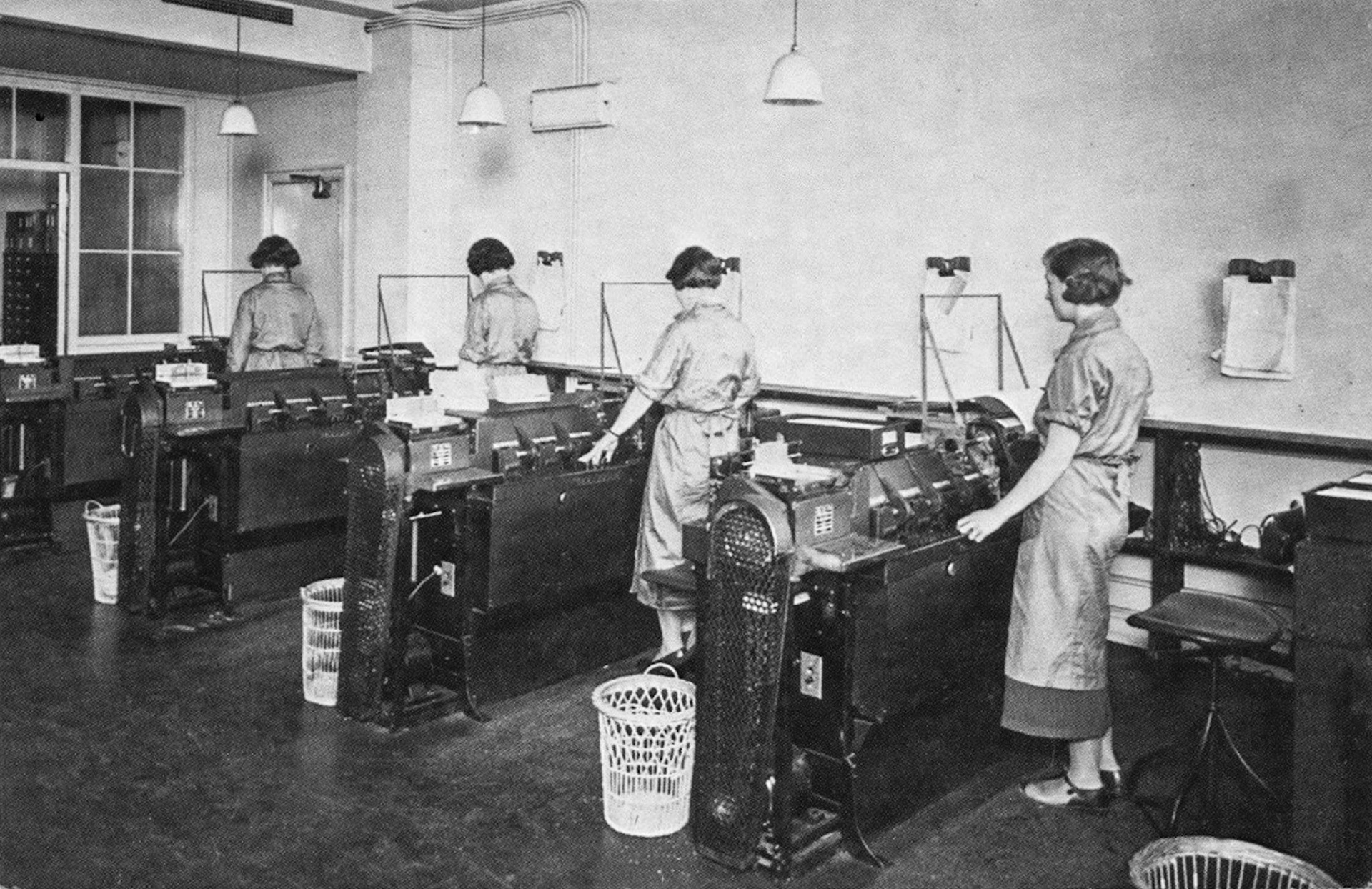 1934 Team of women working the Hollerith machines at Thames House.These worked on a card system; information about the number of gallons and rates went onto the producers' cards. There were separate multiplying machines, punch machines and sorting machines, obviously the system was eclipsed by the advent of computers, but it was not until the 1960's that the Board got rid of the last of the Hollerith machines. (Courtesy Hulton Picture Co.)