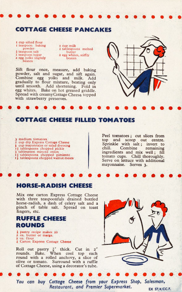 1957 Recipe leaflet introducing and advertising cottage cheese. Printed in black, red and blue on white paper. Front page has a line illustration of a young woman in red slacks and blue and white banded matelot shirt sitting on a tub of Express Cottage Cheese. The recipes are illustrated with humorous cartoons. (Courtesy Wellcome Collection)