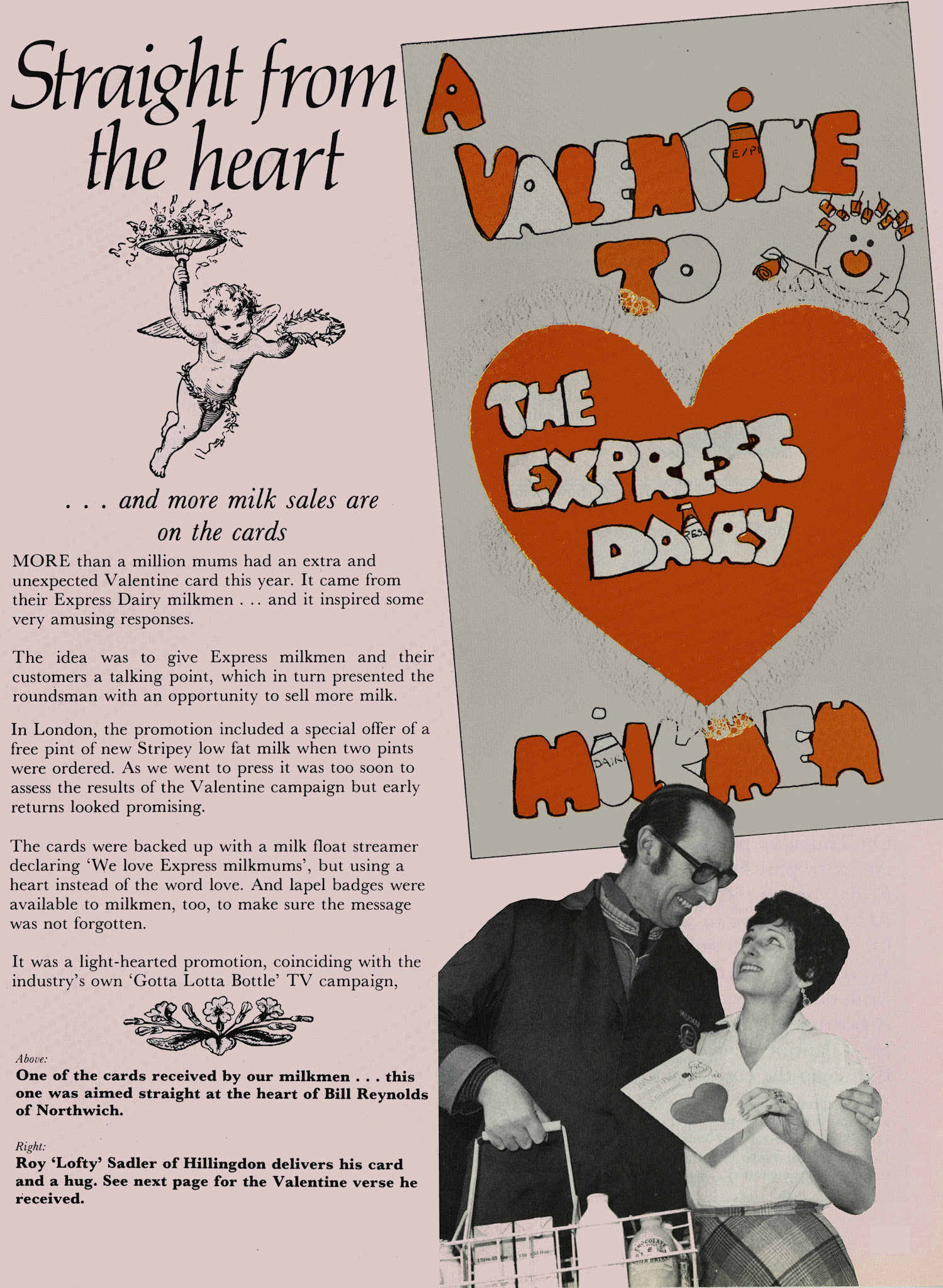 1982 Express milk promotion around Valentine's day. Features Bill Reynolds from Northwich, Roy 'Lofty' Sadler from Hillingdon and Ken Naylor from Northwood. (Express News April)
