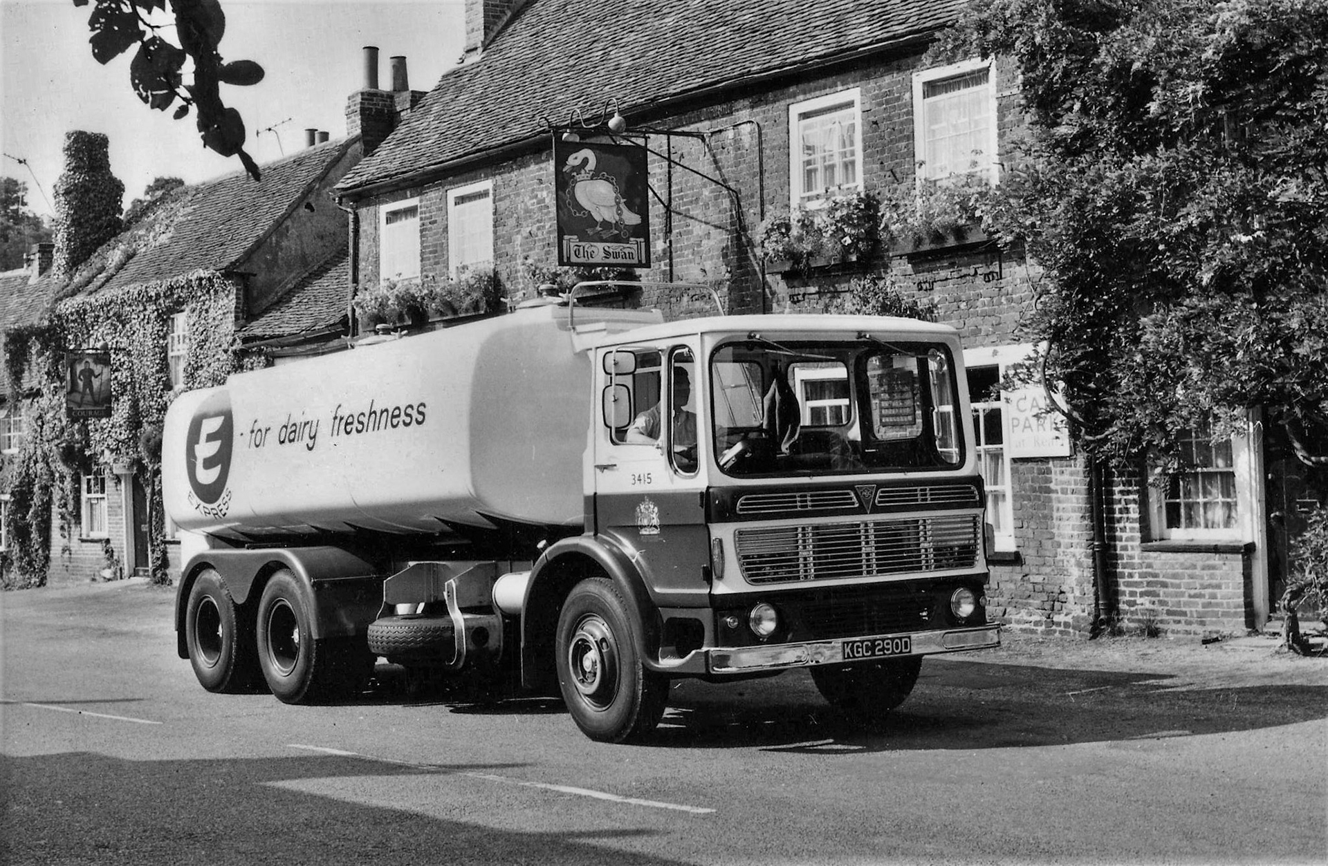 1960's? AEC Express Dairy Tanker outside The Swan, Denham (From Graham Newell, Flickr)