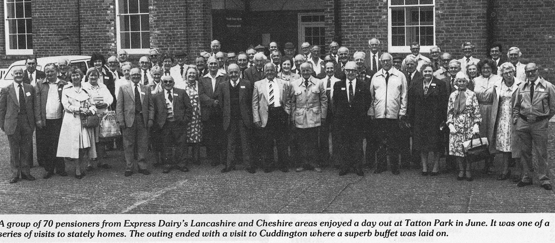 1984 Lancashire and Cheshire pensioners on a day out at Tatton Park followed by a buffet at Cuddington.
