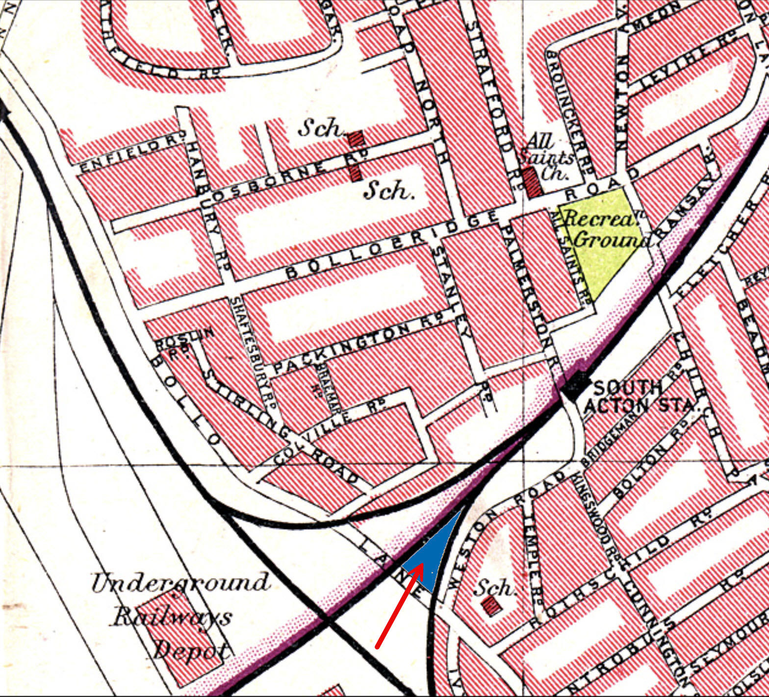 1930's Bollo Lane map showing Express site near South Acton Station. Doug Barrow commented in 2007"Regular coal and other freight trains passing through South Acton Station and using the Kew and Feltham route via Bollo Lane North Level Crossing. In those days there was an Express Dairy Depot, and a side entrance to Chiswick Bus Works, between the two level crossings; and there was a road access, to the Underground's Acton Works, on the south side of and adjacent to the west-side overbridge abutment where the South Acton Branch cossed Bollo Lane." Abandonedstations.org.uk, edited to show location