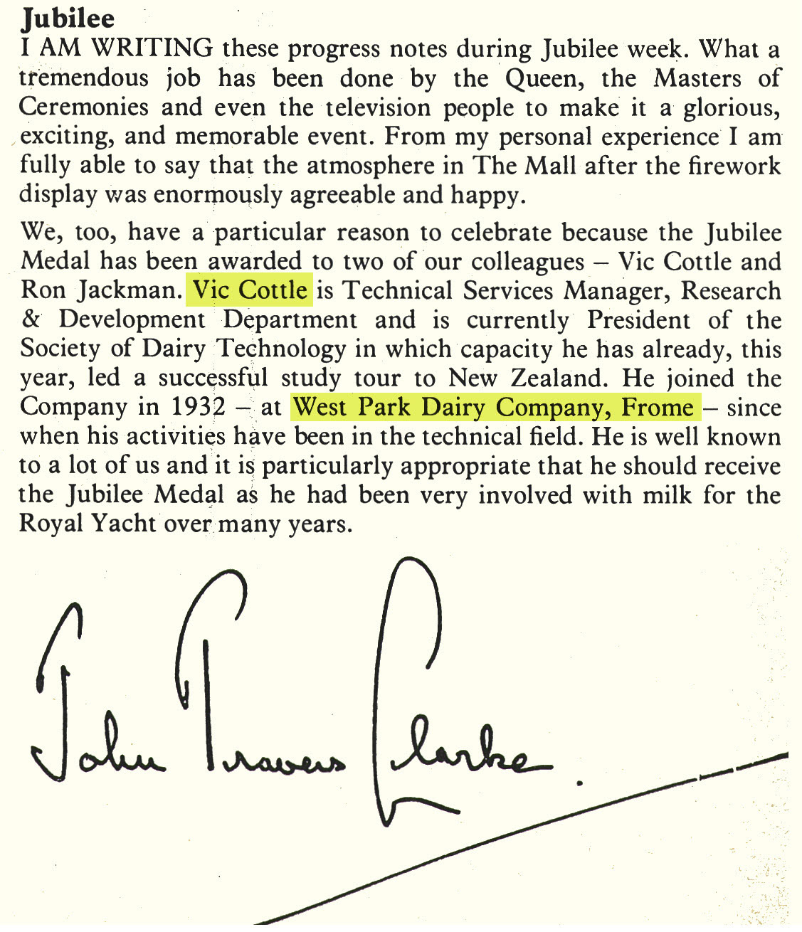 1977 Vic Cottle joined Express from West Park Dairy Company in 1932, and was awarded the Jubilee medal. (Express News Summer)