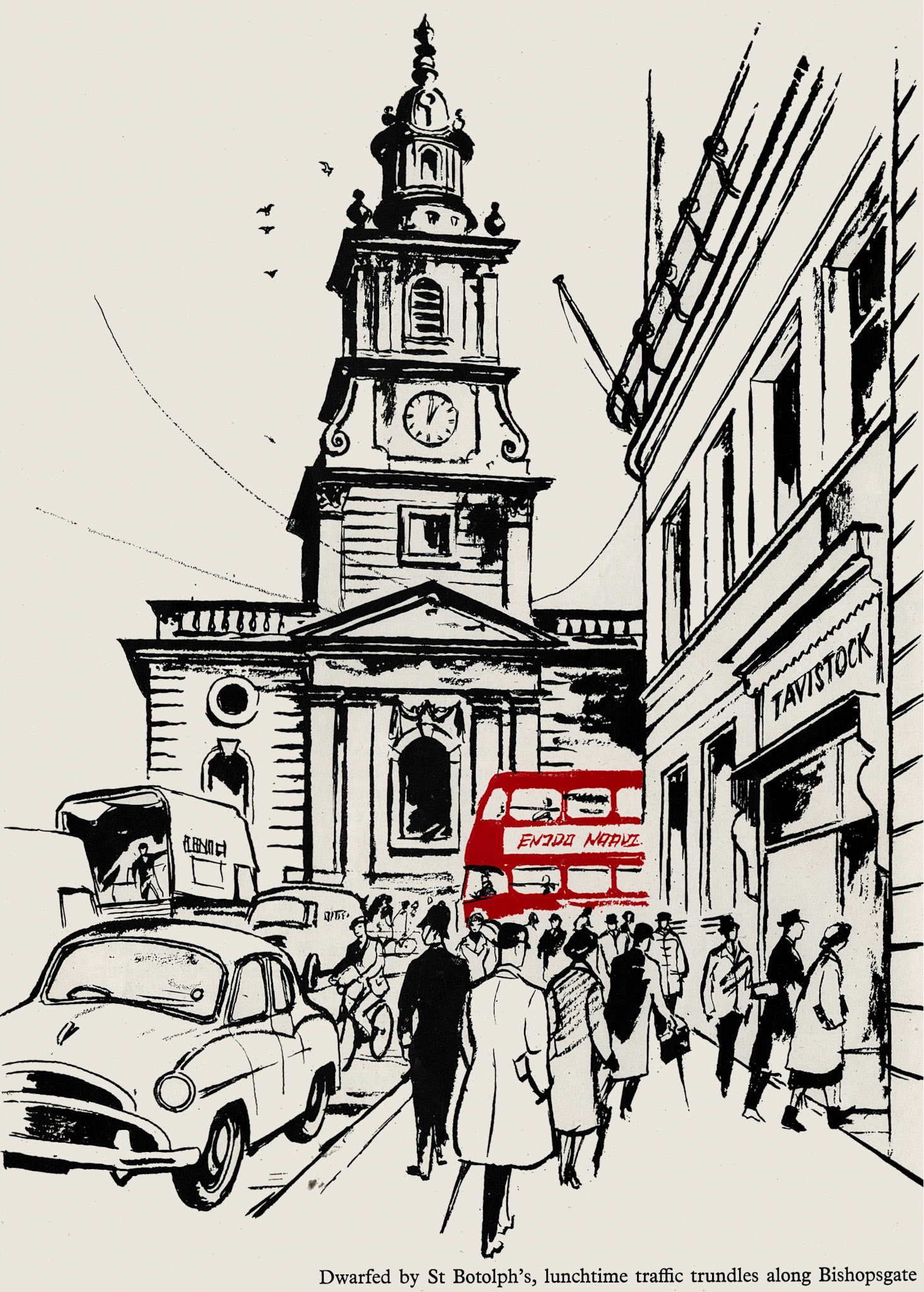 1959 'Tavistock' restaurants offer waitress service; profile of 'Stonehouse' near Liverpool Street station. (Express News March)