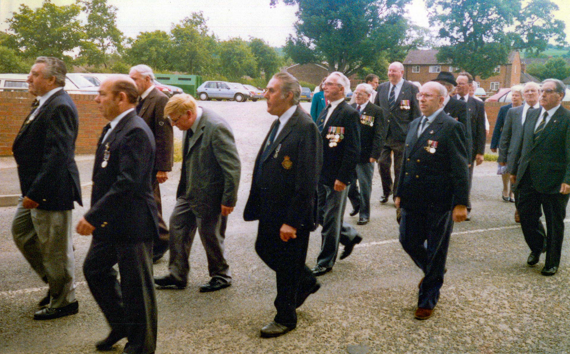 1980's Minsterley British Legion. Kenneth Carswell identifies William Castree, with the grey suit. Jackie Harper recognises  Bill Johnson. Clarence Evans adds 'Gersham" Jones, front nearest camera" (Courtesy Joe Lyons)