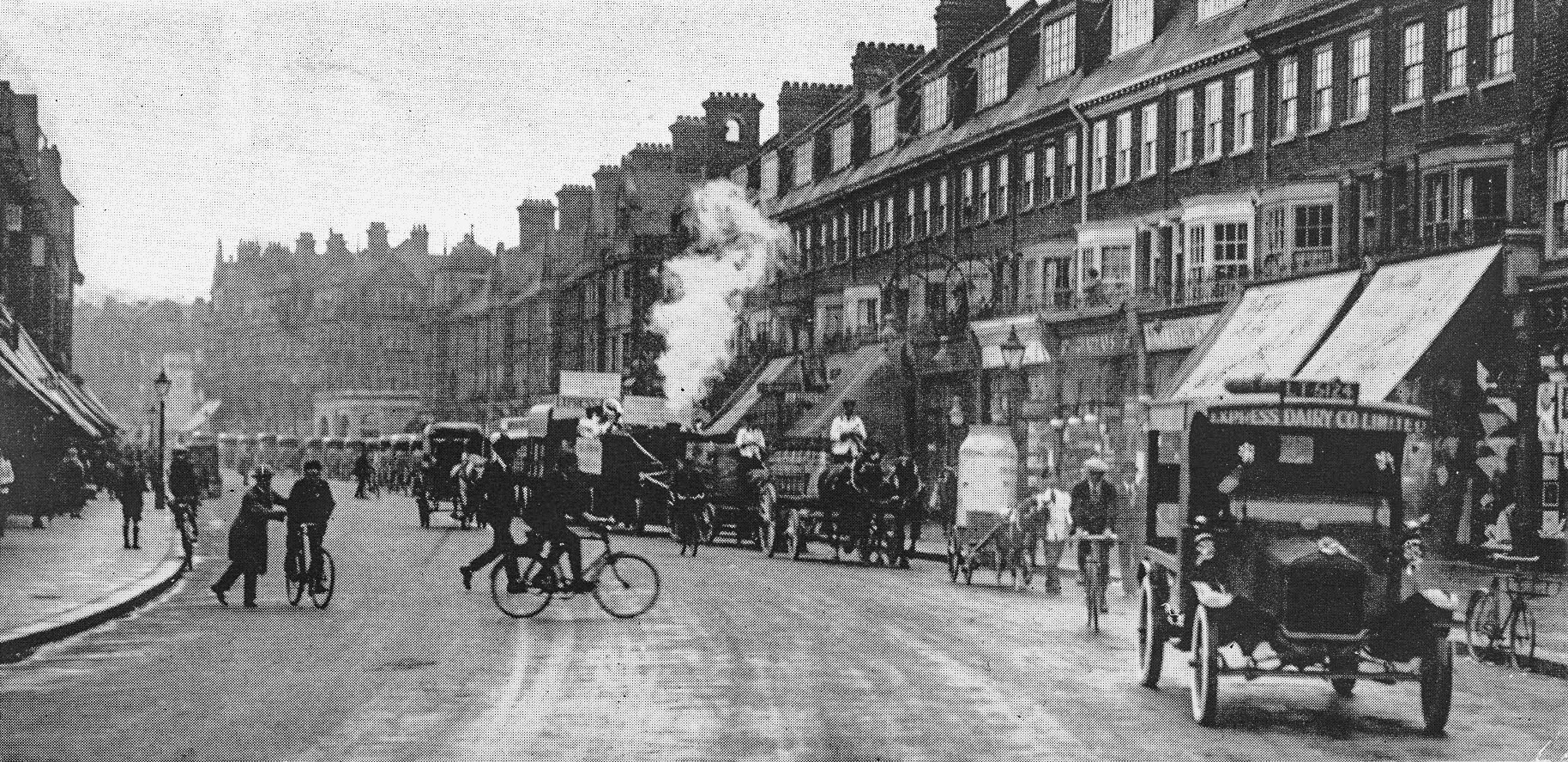 1934 Official opening of Highfield Avenue, Golders Green, led by a petrol-engined Express Dairy lorry, but with many horses following. (From Express Story 1864 - 1964)