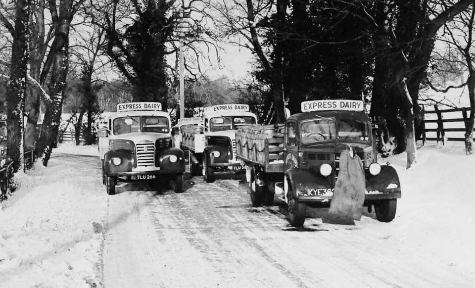 1958 Winter in Swaledale. Heritage Machines comments "Seen during the winter of 1957-'58 in the Dales, in company with some 1957 Fordson 'Costcutters', in very wintry conditions, this Bedford, chassis no OLAC13209, fleet no 1107, KYE 362, was again supplied by Spurlings, with the body costing €120. It was allocated new to the Leyburn Dairy in March 1950, and was disposed of in May 1958 to T&F Motors, for E50." (From North Yorkshire Weather Update FB Group)