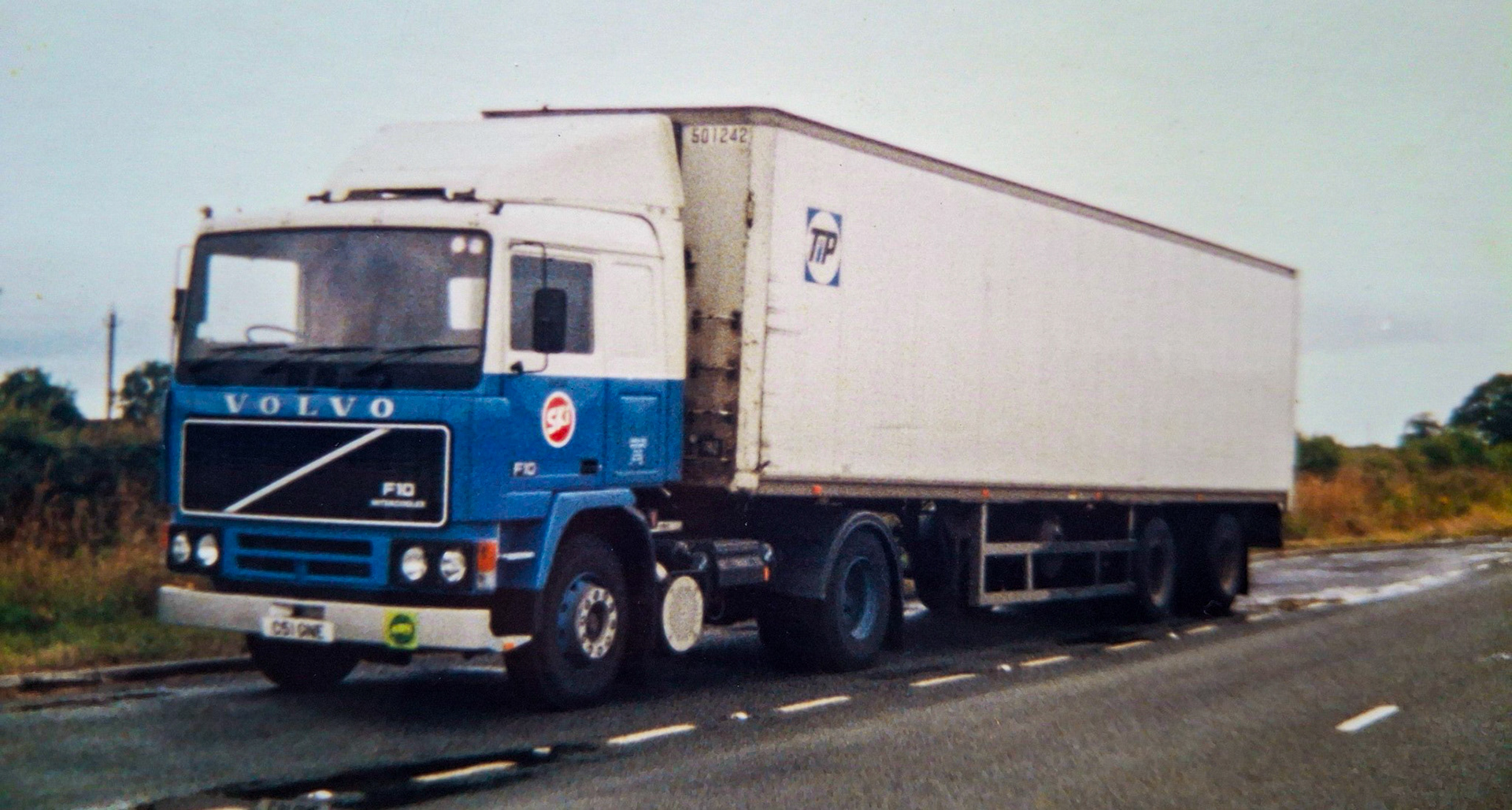 Late 1980s, on the way to Ruislip from Cuddington, Volvo F10. Alan comments "Good days and a good company to work for, I think I was on an evening trunk to Ruislip from Eden Vale Cuddington factory. Later the transport depot moved up to Four Lane Ends crossroads on the A49, but this photo was taken when we were still based at the yogurt factory. The Transport Manager was Kurt Kreisel." (Courtesy Alan Hewitson)