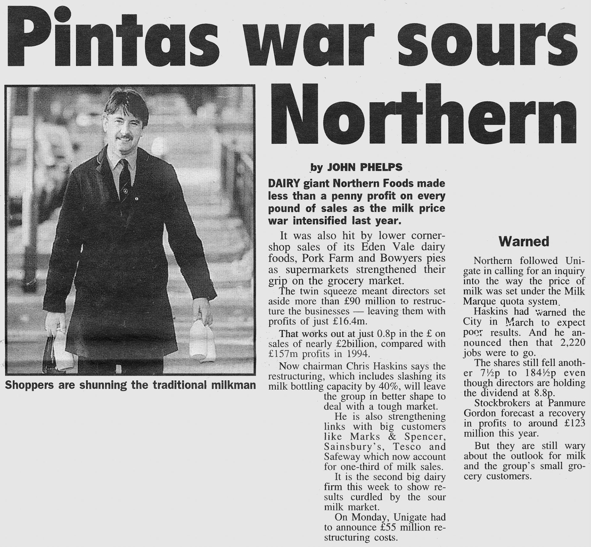 1995 Bloomsbury roundsman Dave Lauder featured in article in 'TODAY' newspaper about Northern Foods financial results. (Courtesy Michael Aldread)